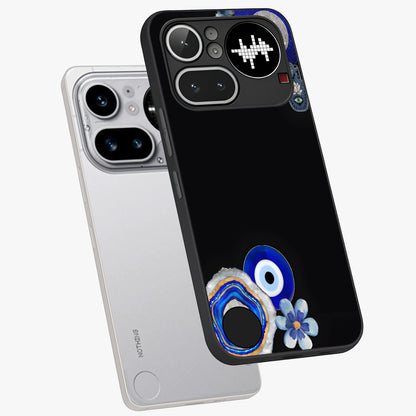 Aesthetic Blue Evil Eye Glass Case displayed in angled mockup highlighting blue evil eye symbol and spiritual aesthetic design.