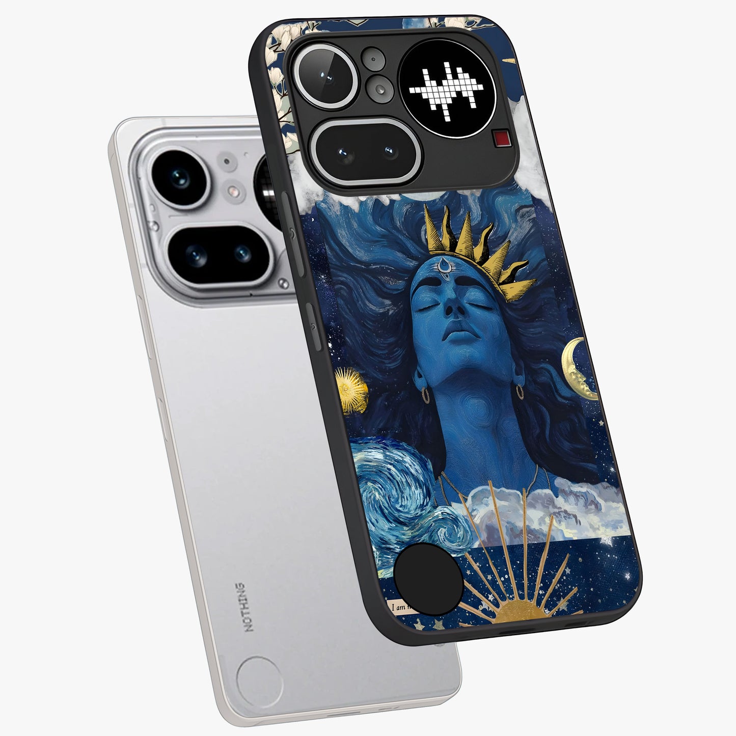 Aesthetic Lord Shiva Glass Case displayed in angled mockup highlighting spiritual Shiva illustration and sacred aesthetic design.
