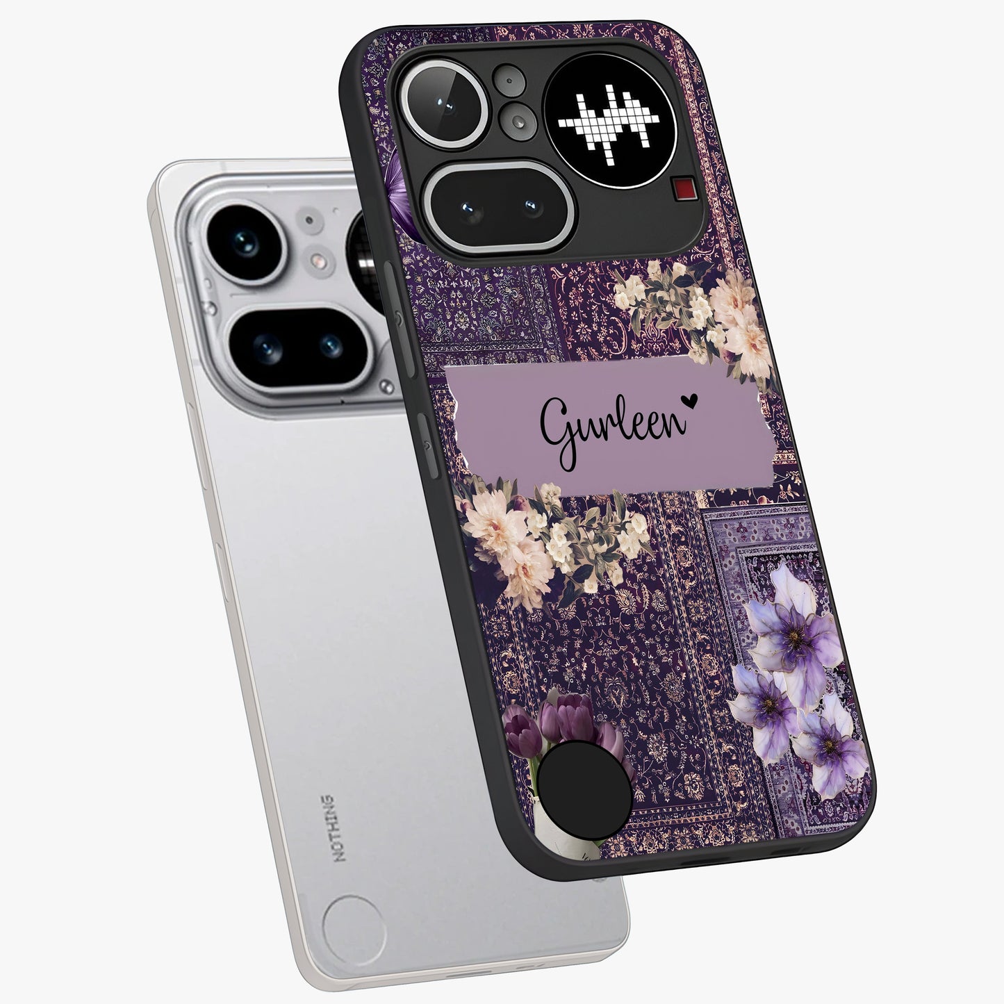 Antique Floral Whisper Custom Name Glass Case displayed in angled mockup highlighting elegant antique floral aesthetic.