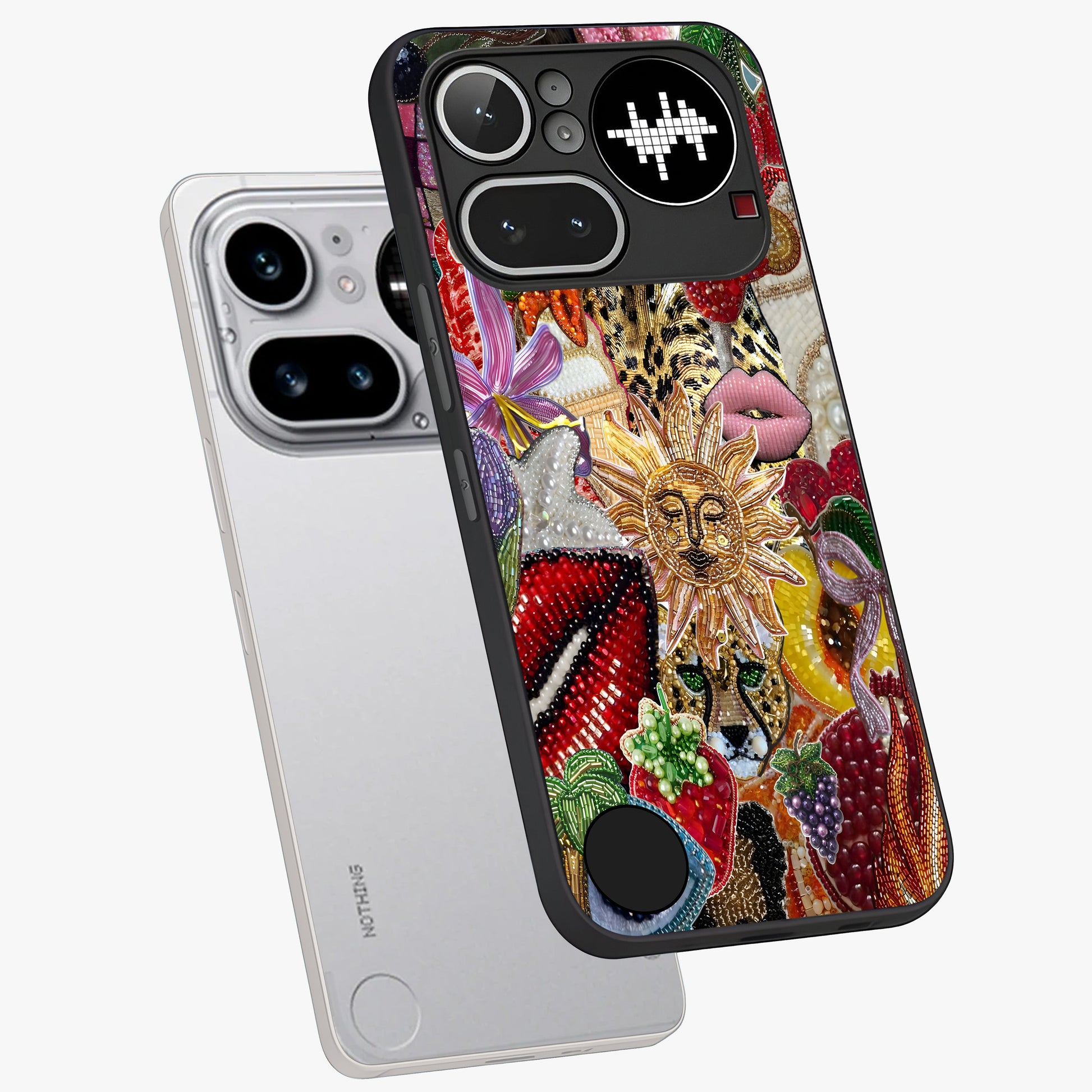Beaded Fashion Jungle Glass Case displayed in angled mockup highlighting colorful fashion bead design and artistic pattern.