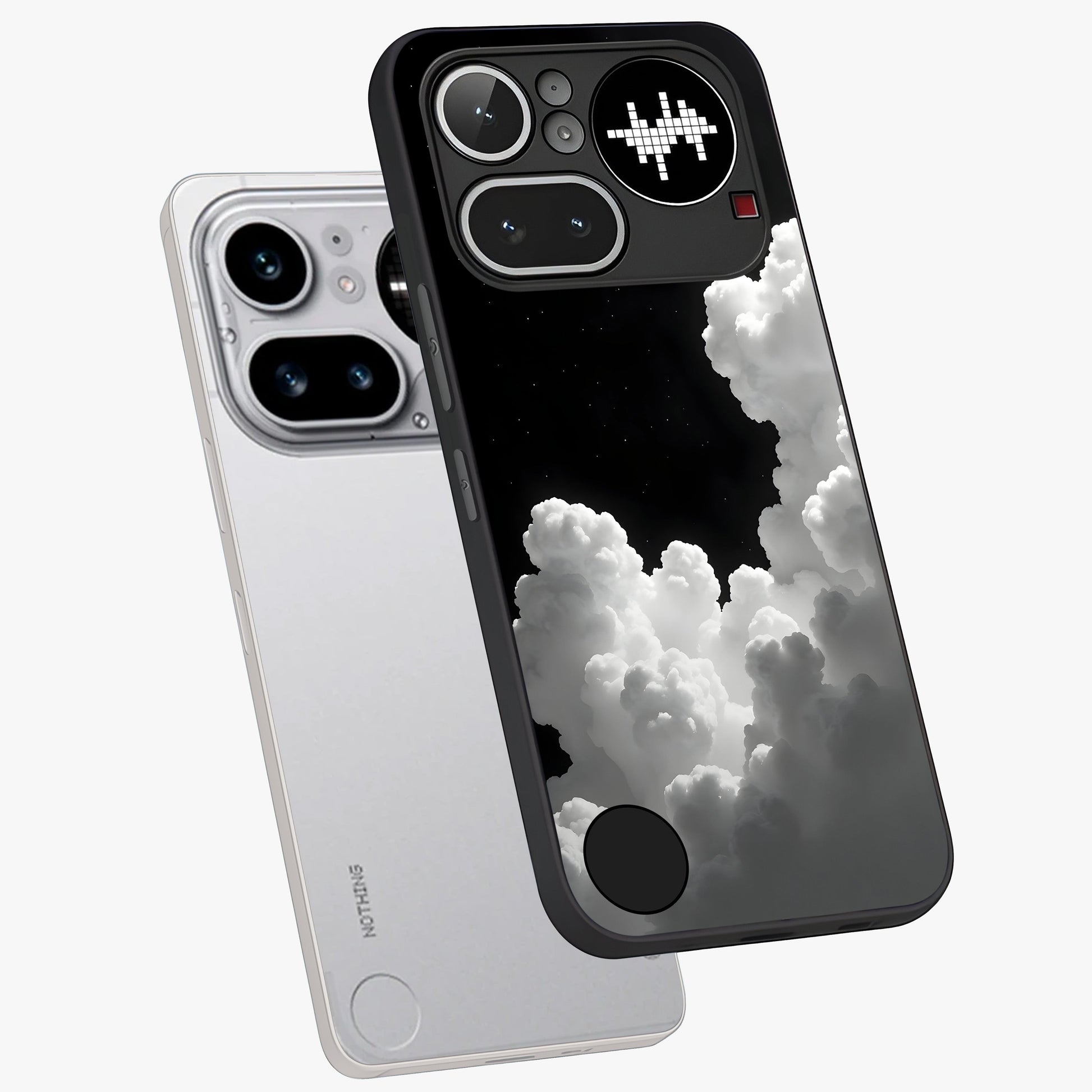 Black Background With White Cloud Glass Case displayed in angled mockup highlighting soft white cloud illustration and minimal design.