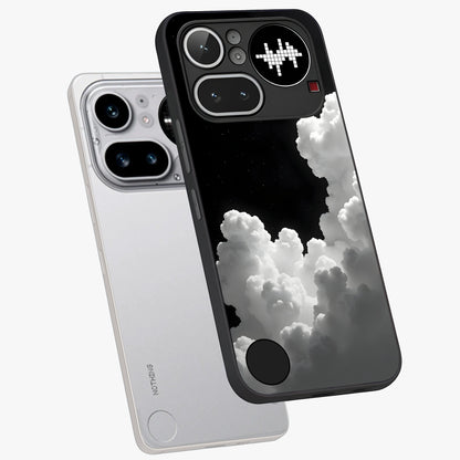Black Background With White Cloud Glass Case displayed in angled mockup highlighting soft white cloud illustration and minimal design.