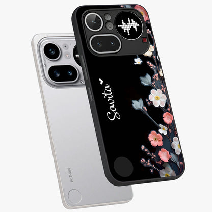 Black Elegance Floral Custom Name Glass Case displayed in angled mockup highlighting dark floral aesthetic and custom name feature.