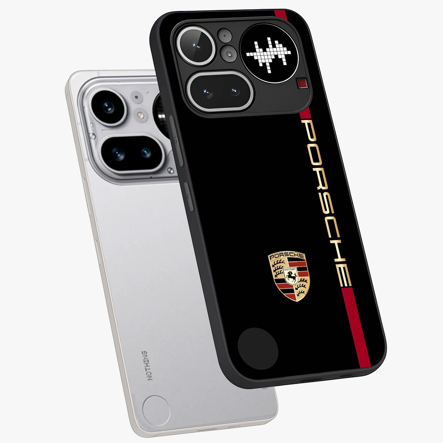 Black Minimal Porsche Glass Case displayed in angled mockup highlighting modern minimal car illustration and clean aesthetic design.
