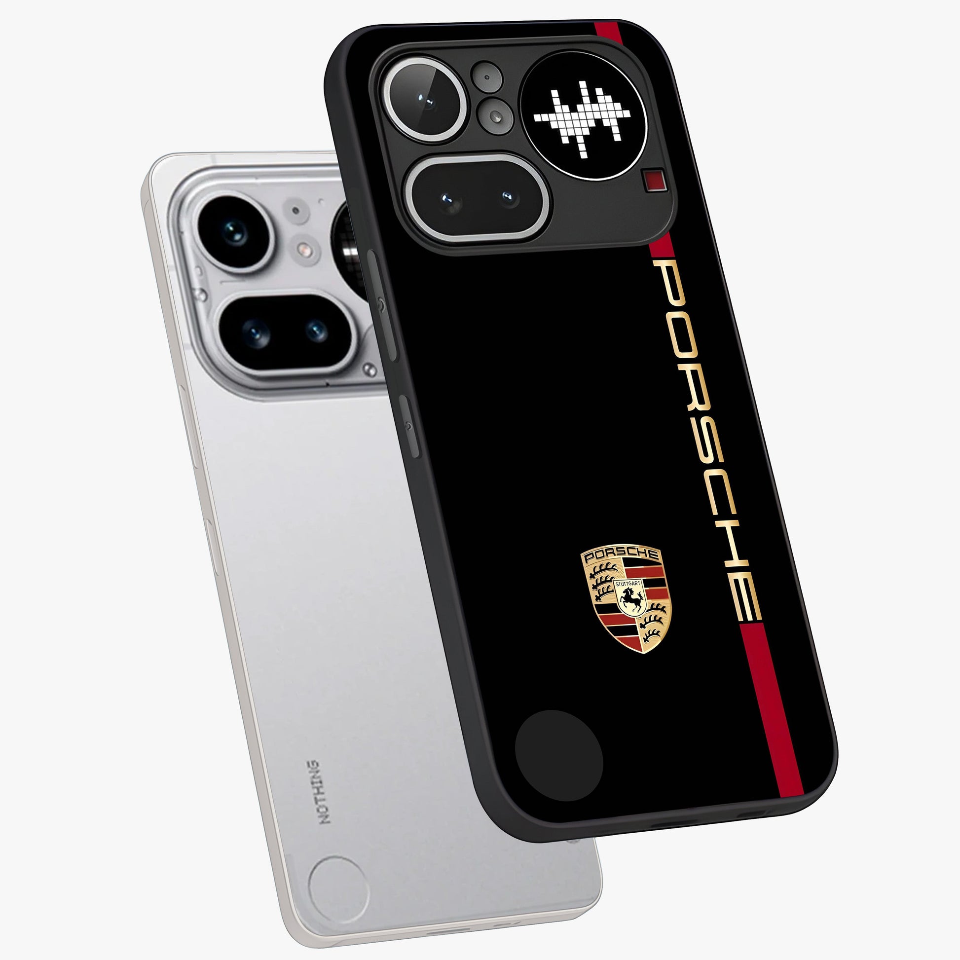 Black Minimal Porsche Glass Case displayed in angled mockup highlighting modern minimal car illustration and clean aesthetic design.