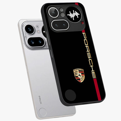Black Minimal Porsche Glass Case displayed in angled mockup highlighting modern minimal car illustration and clean aesthetic design.