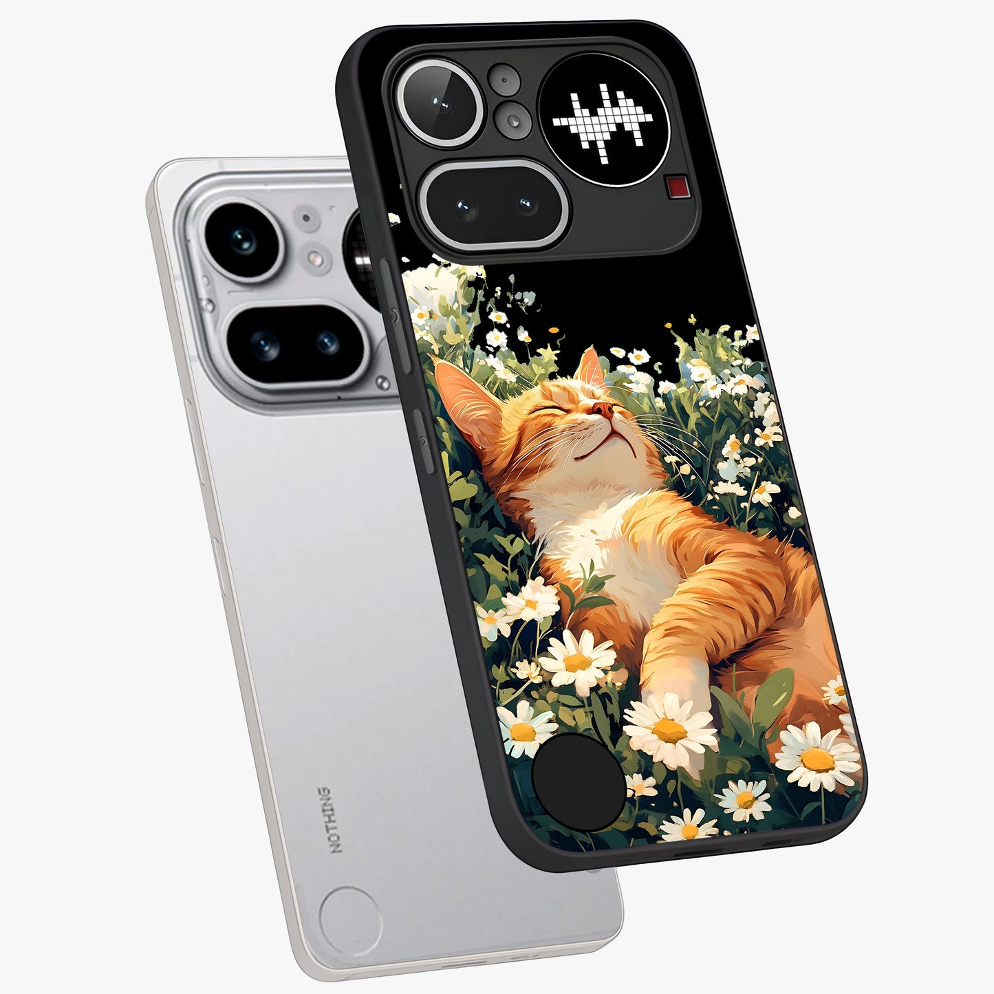 Blissful Bloom Cat Glass Case displayed in angled mockup highlighting playful feline illustration with soft floral aesthetic.