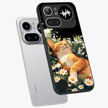 Blissful Bloom Cat Glass Case displayed in angled mockup highlighting playful feline illustration with soft floral aesthetic.