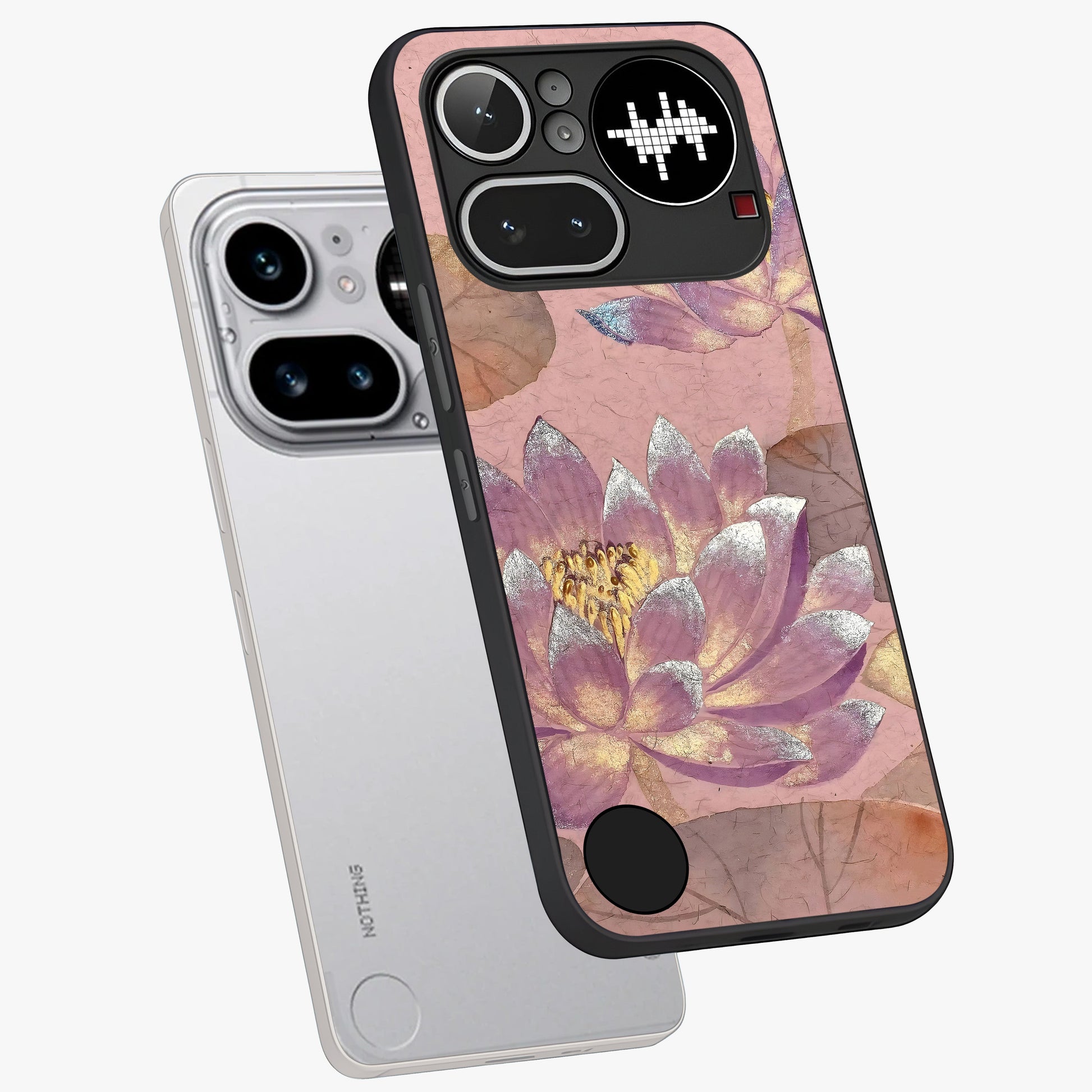 Blossom Mist Lotus Glass Case displayed in angled mockup highlighting delicate lotus illustration with calm aesthetic theme.