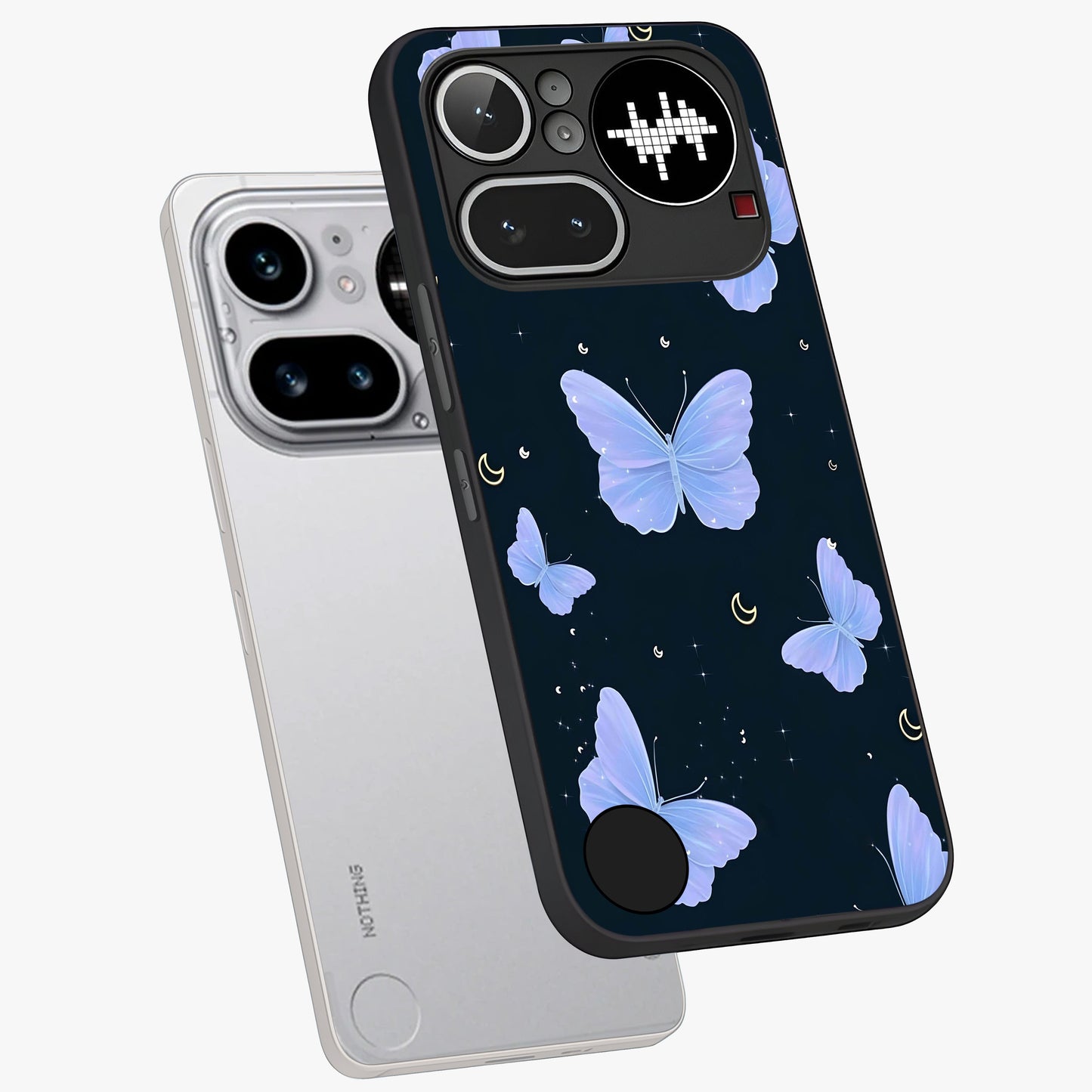 Butterfly With Stars Pattern Glass Case displayed in angled mockup highlighting dreamy butterfly and star design with aesthetic theme.