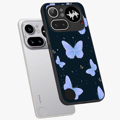 Butterfly With Stars Pattern Glass Case displayed in angled mockup highlighting dreamy butterfly and star design with aesthetic theme.