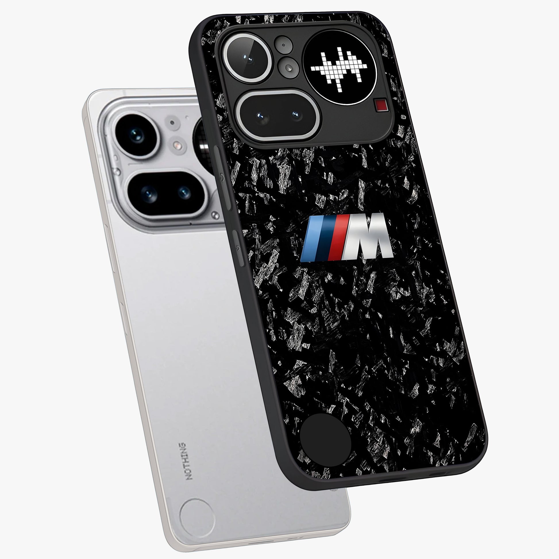 Carbon Speed Mark Glass Case displayed in angled mockup highlighting racing inspired carbon design and sleek aesthetic style.