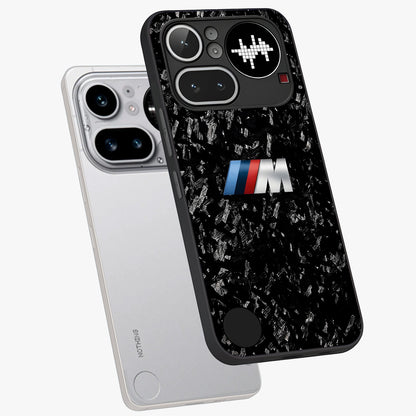 Carbon Speed Mark Glass Case displayed in angled mockup highlighting racing inspired carbon design and sleek aesthetic style.