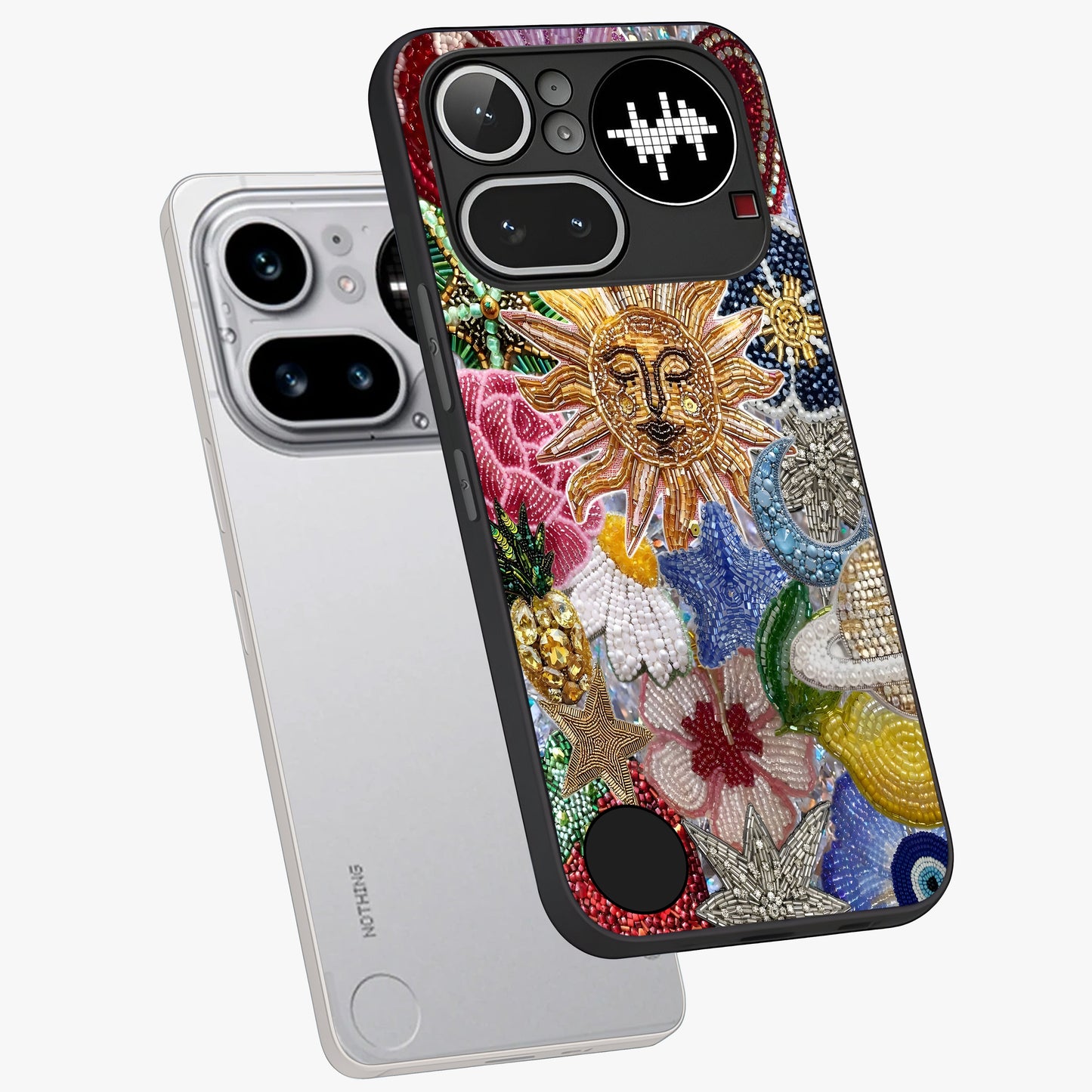 Celestial Floral and Playful Glass Case displayed in angled mockup highlighting playful floral design with dreamy celestial elements.