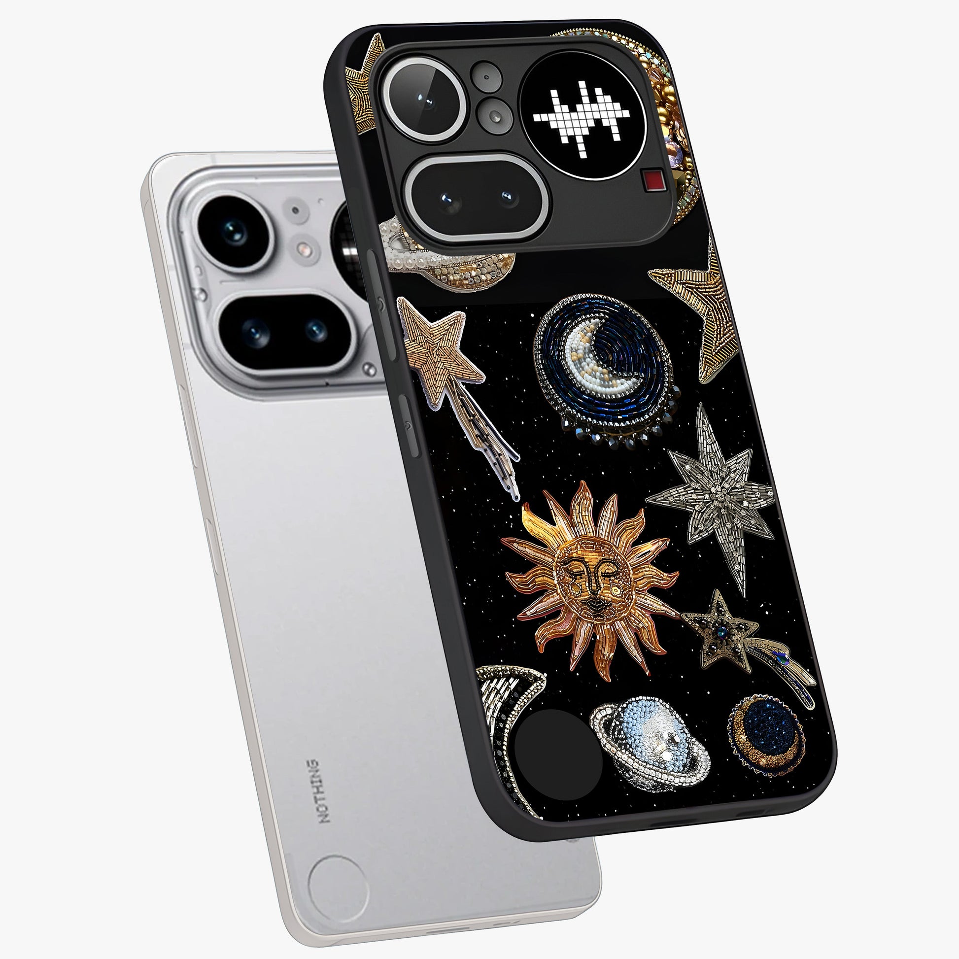 Celestial Gem Constellations Glass Case displayed in angled mockup highlighting gemstone inspired constellation design.