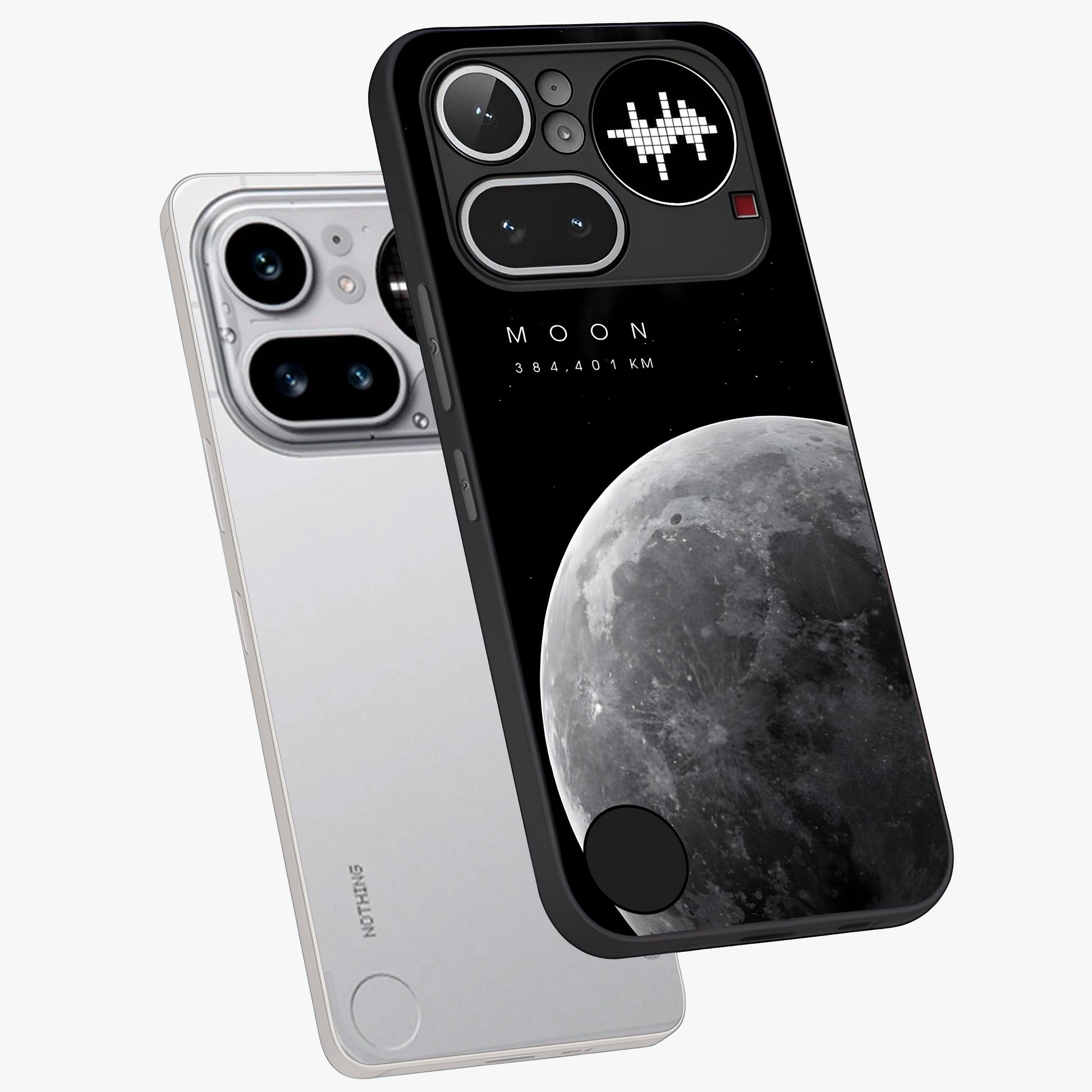 Cosmic Moon Glow Glass Case displayed in angled mockup highlighting celestial moon design with cosmic aesthetic theme.