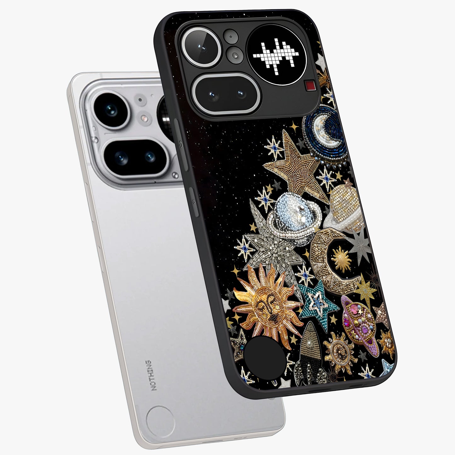 Cosmic Sparkle Dreams Glass Case displayed in angled mockup highlighting dreamy star sparkle design with celestial aesthetic.