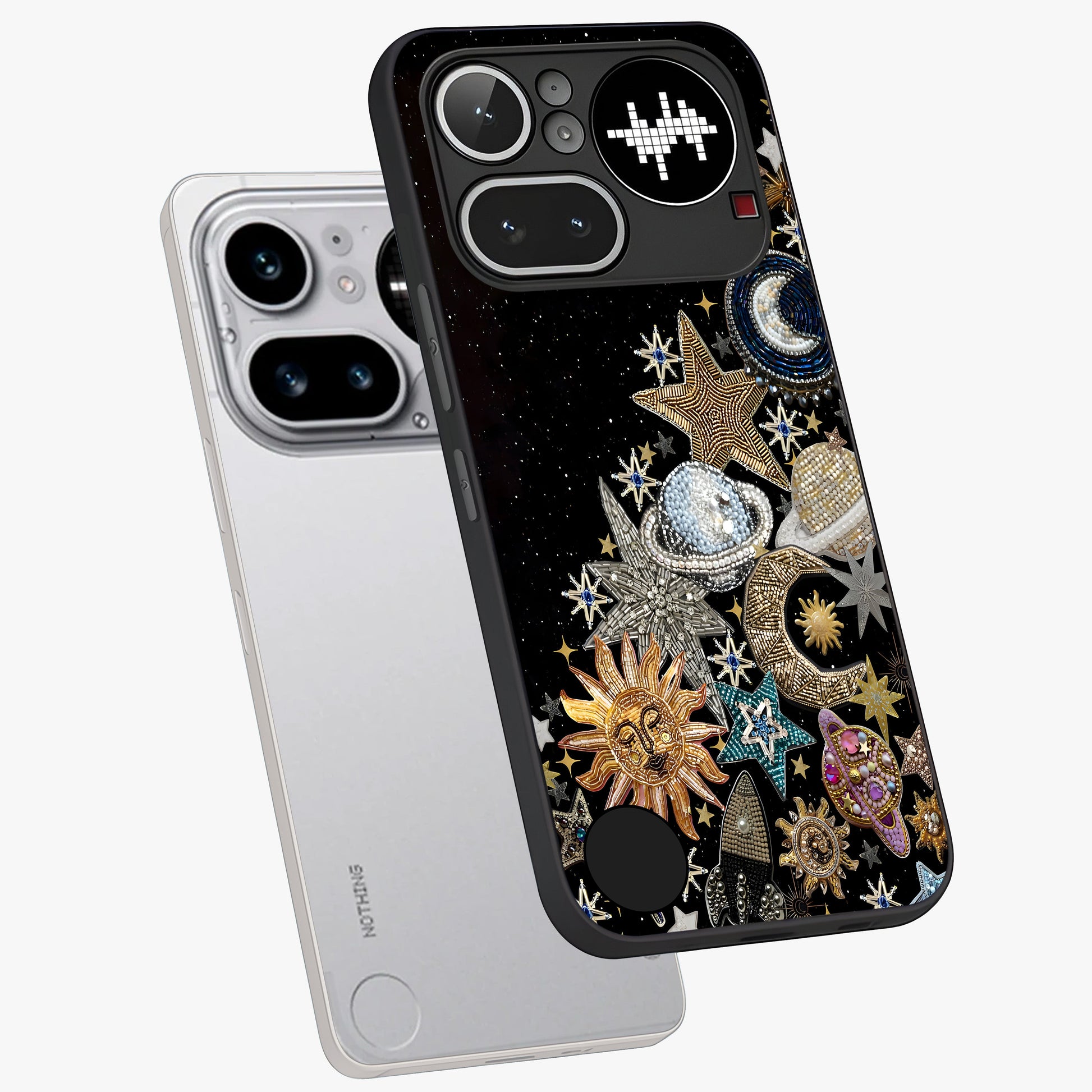 Cosmic Sparkle Dreams Glass Case displayed in angled mockup highlighting dreamy star sparkle design with celestial aesthetic.