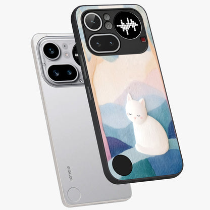 Cotton Dream Cat Glass Case displayed in angled mockup highlighting cute feline illustration with pastel aesthetic style.