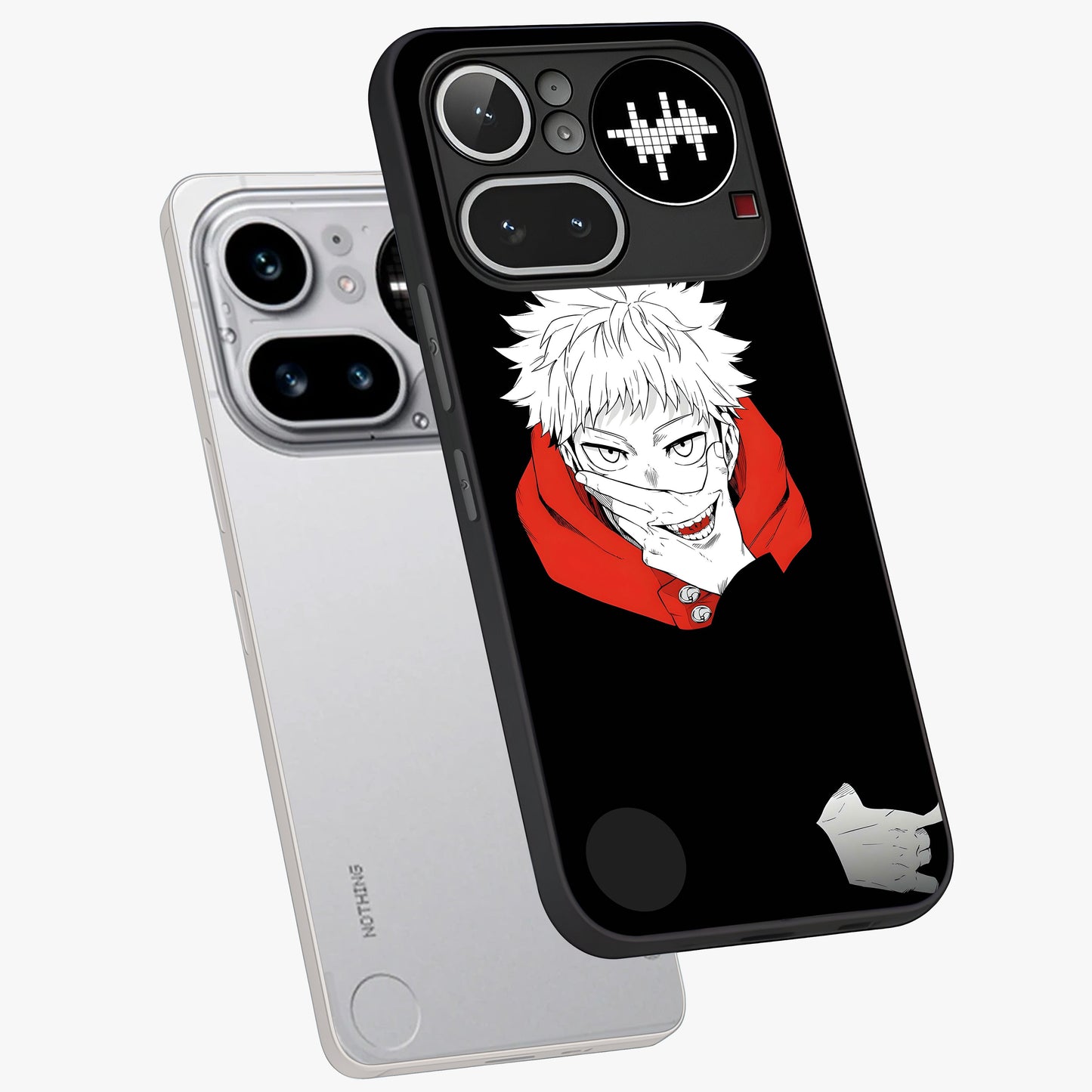 Crimson Chaos Smile Glass Case displayed in angled mockup highlighting edgy crimson smile design with graphic aesthetic.