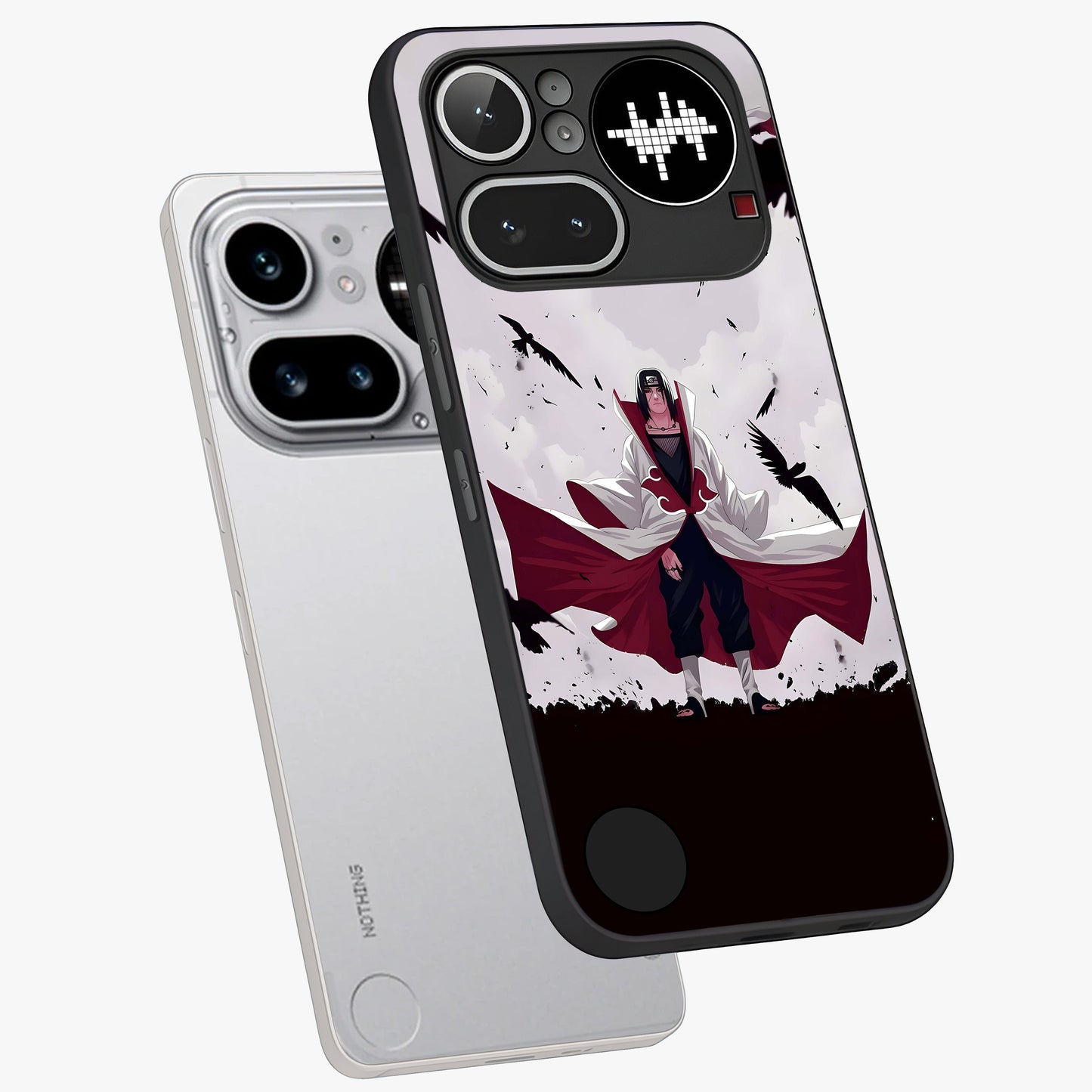 Crimson Crow Ascension Glass Case displayed in angled mockup highlighting powerful crow illustration with dark crimson aesthetic.