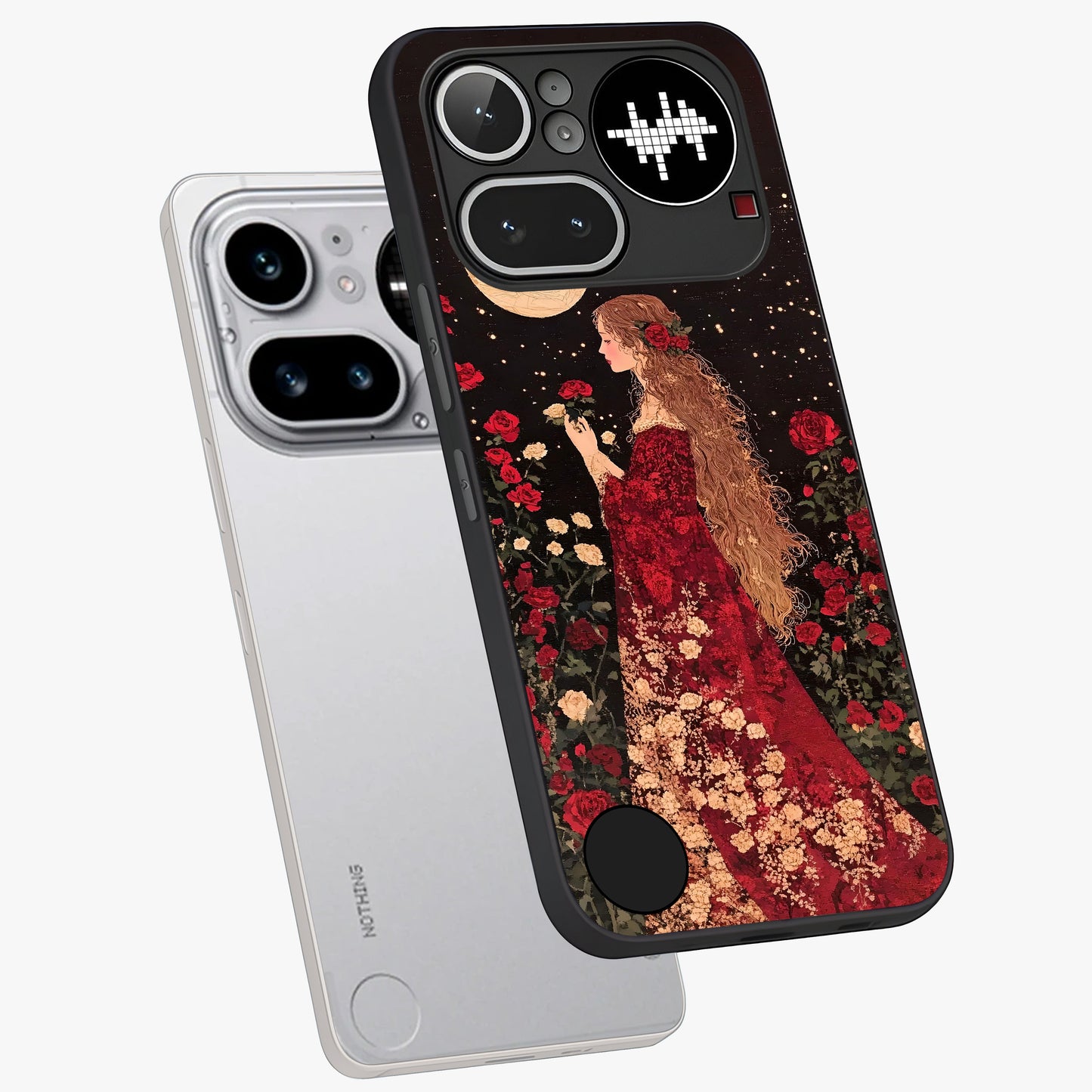 Crimson Dreams Glass Case displayed in angled mockup highlighting soft crimson aesthetic design with artistic theme.