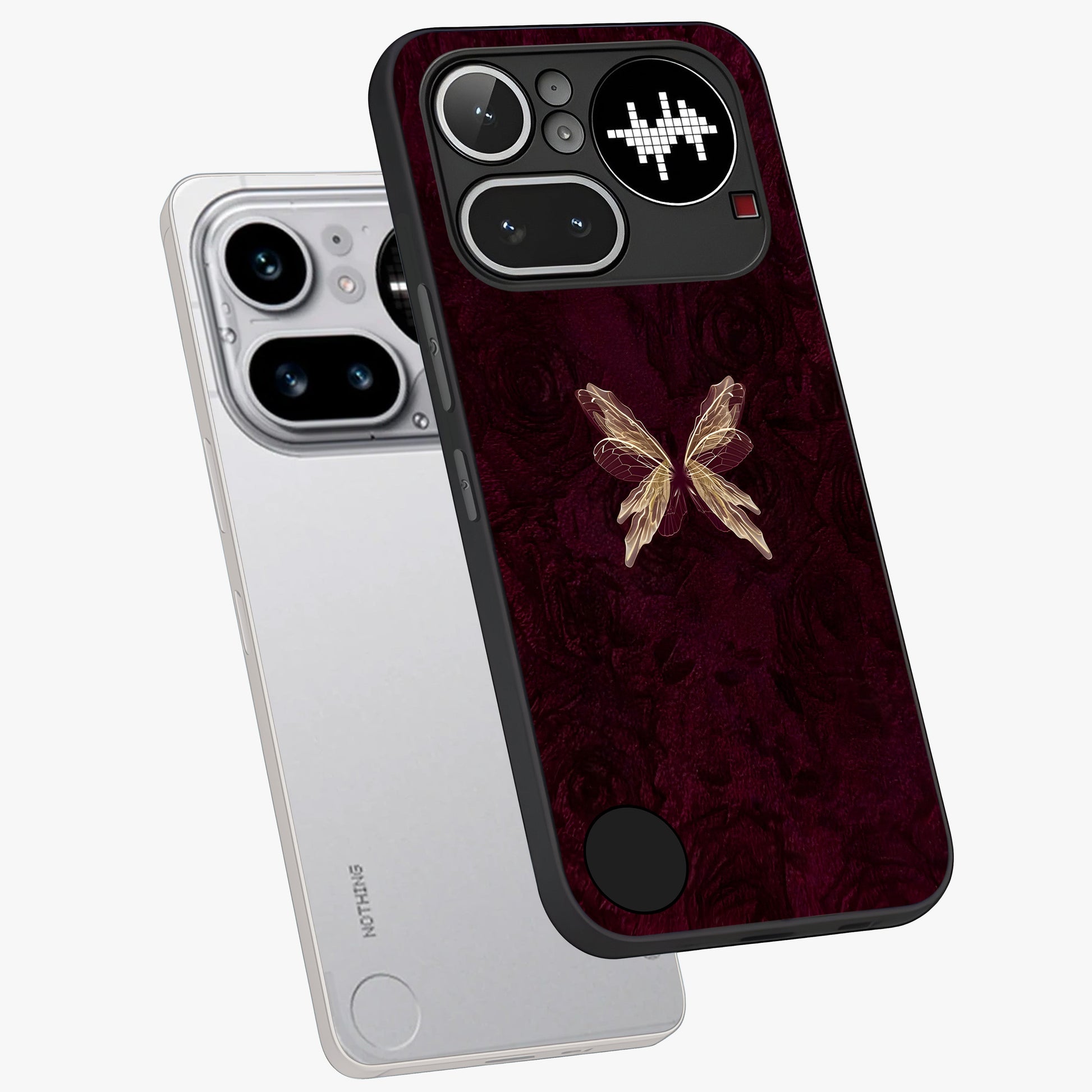 Crimson Fade Butterfly Glass Case displayed in angled mockup highlighting elegant butterfly design with crimson gradient aesthetic.