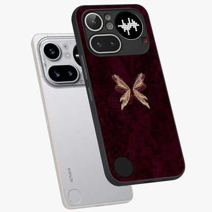 Crimson Fade Butterfly Glass Case displayed in angled mockup highlighting elegant butterfly design with crimson gradient aesthetic.