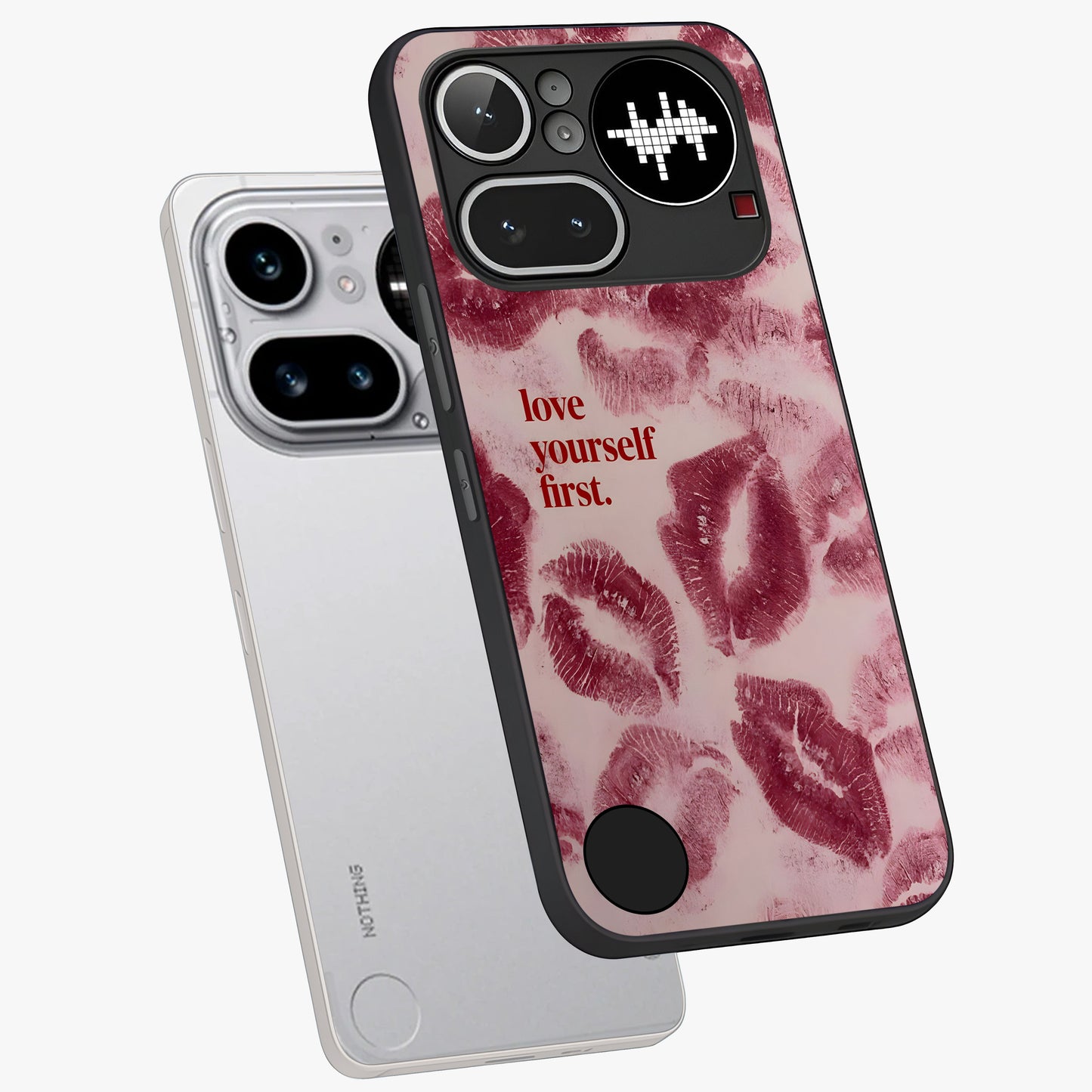 Crimson Kiss Love Glass Case displayed in angled mockup highlighting bold love inspired design with modern aesthetic style.