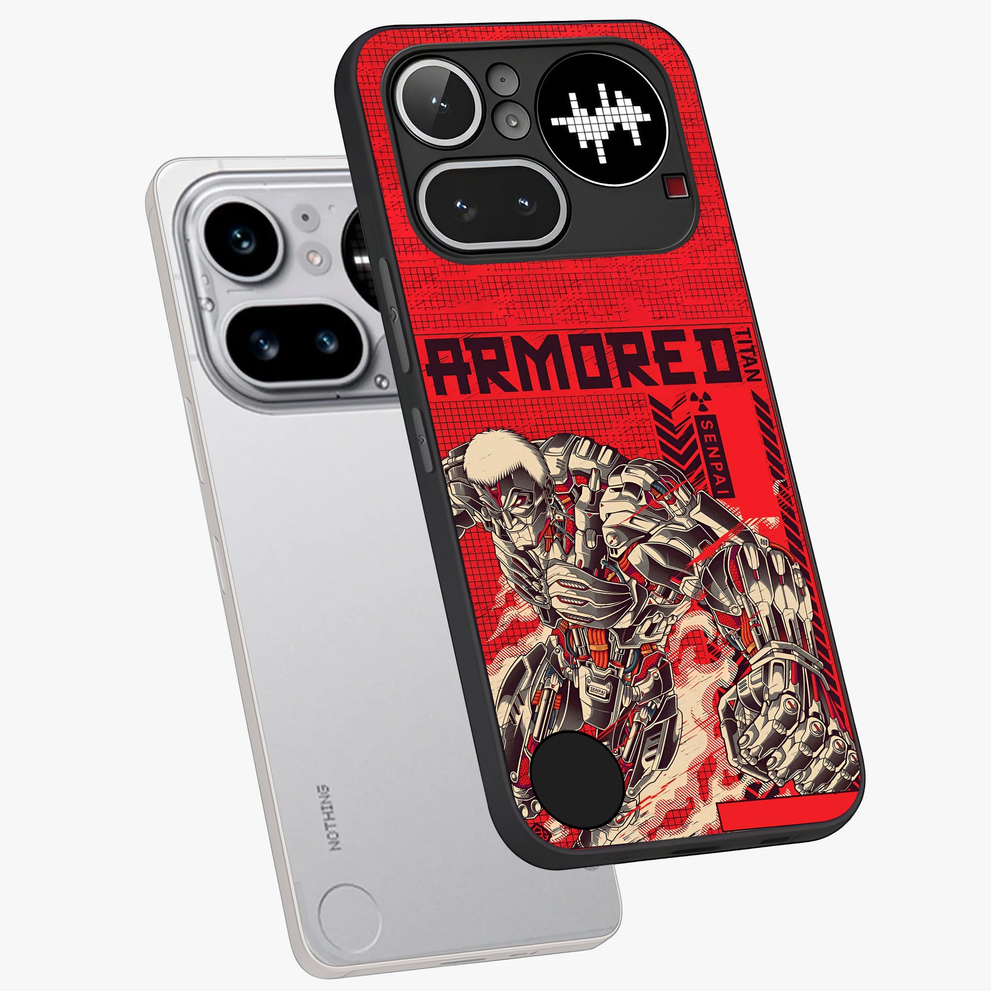 Crimson Mecha Titan Glass Case displayed in angled mockup highlighting futuristic mech illustration with bold crimson aesthetic.