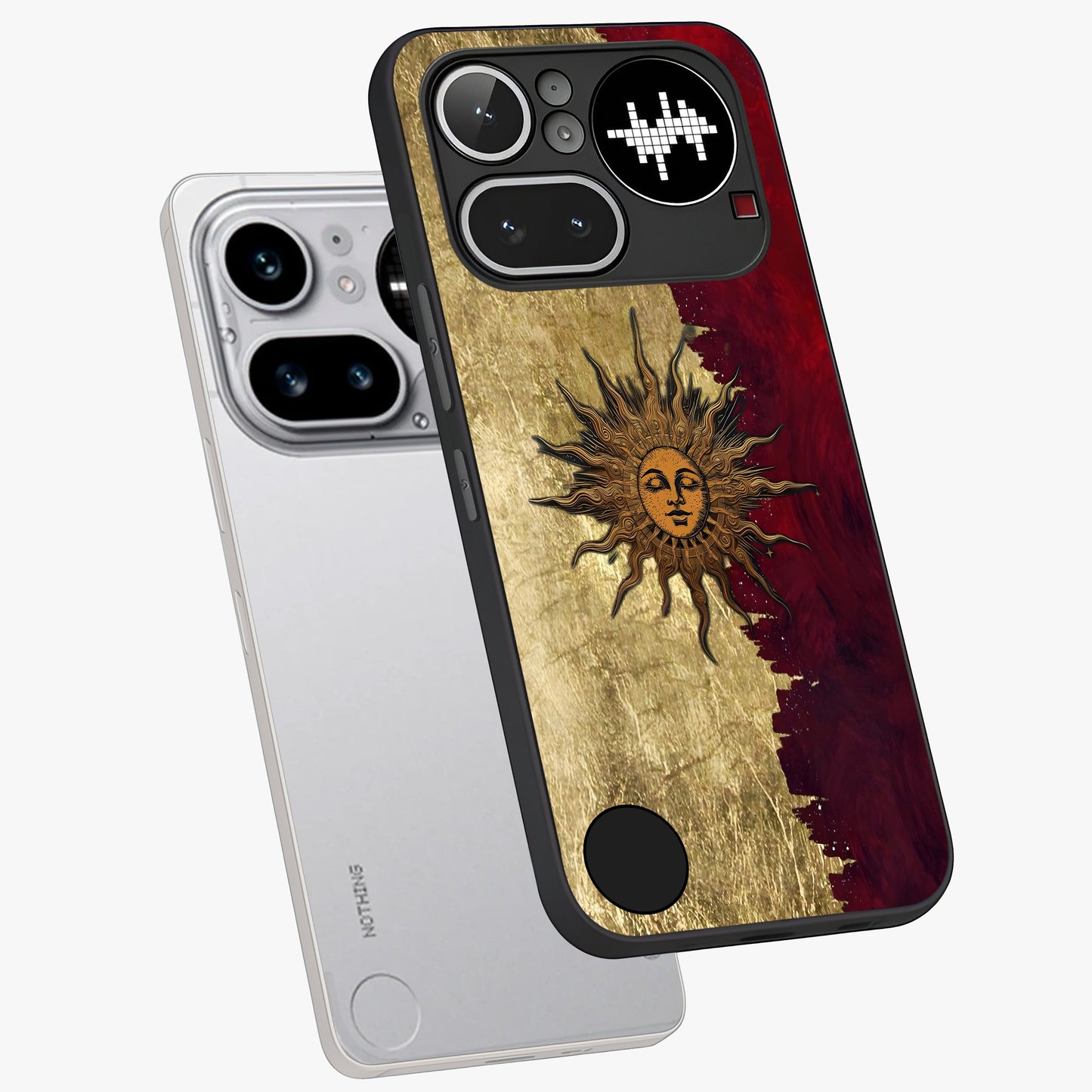 Crimson Sun Majesty Glass Case displayed in angled mockup highlighting majestic crimson sun design with bold aesthetic style.