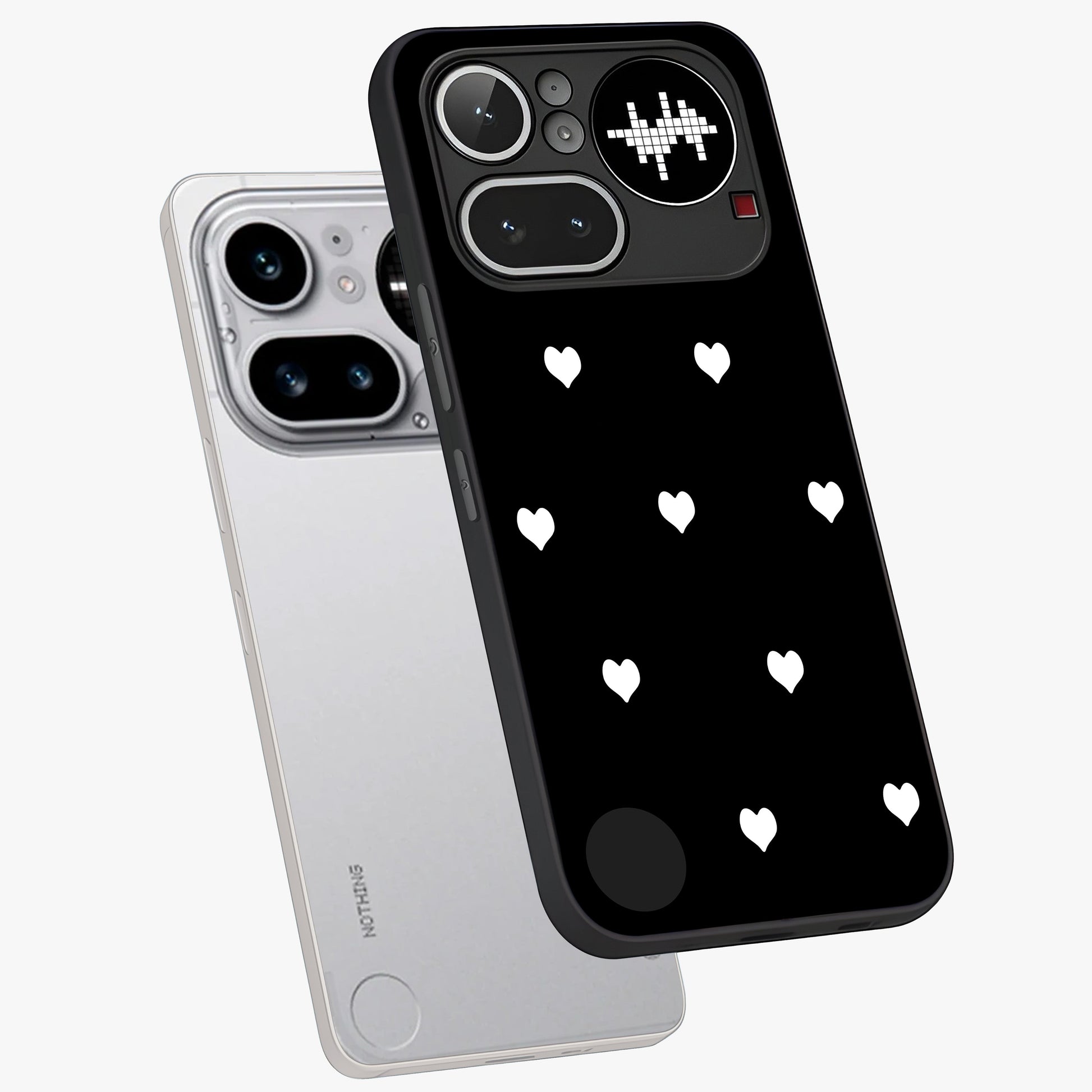 Cute And Simple White Hearts Glass Case displayed in angled mockup highlighting cute heart design with clean aesthetic style.