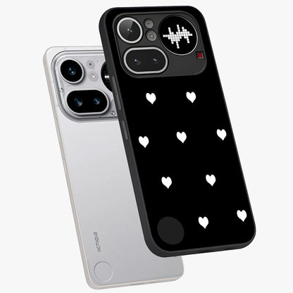 Cute And Simple White Hearts Glass Case displayed in angled mockup highlighting cute heart design with clean aesthetic style.