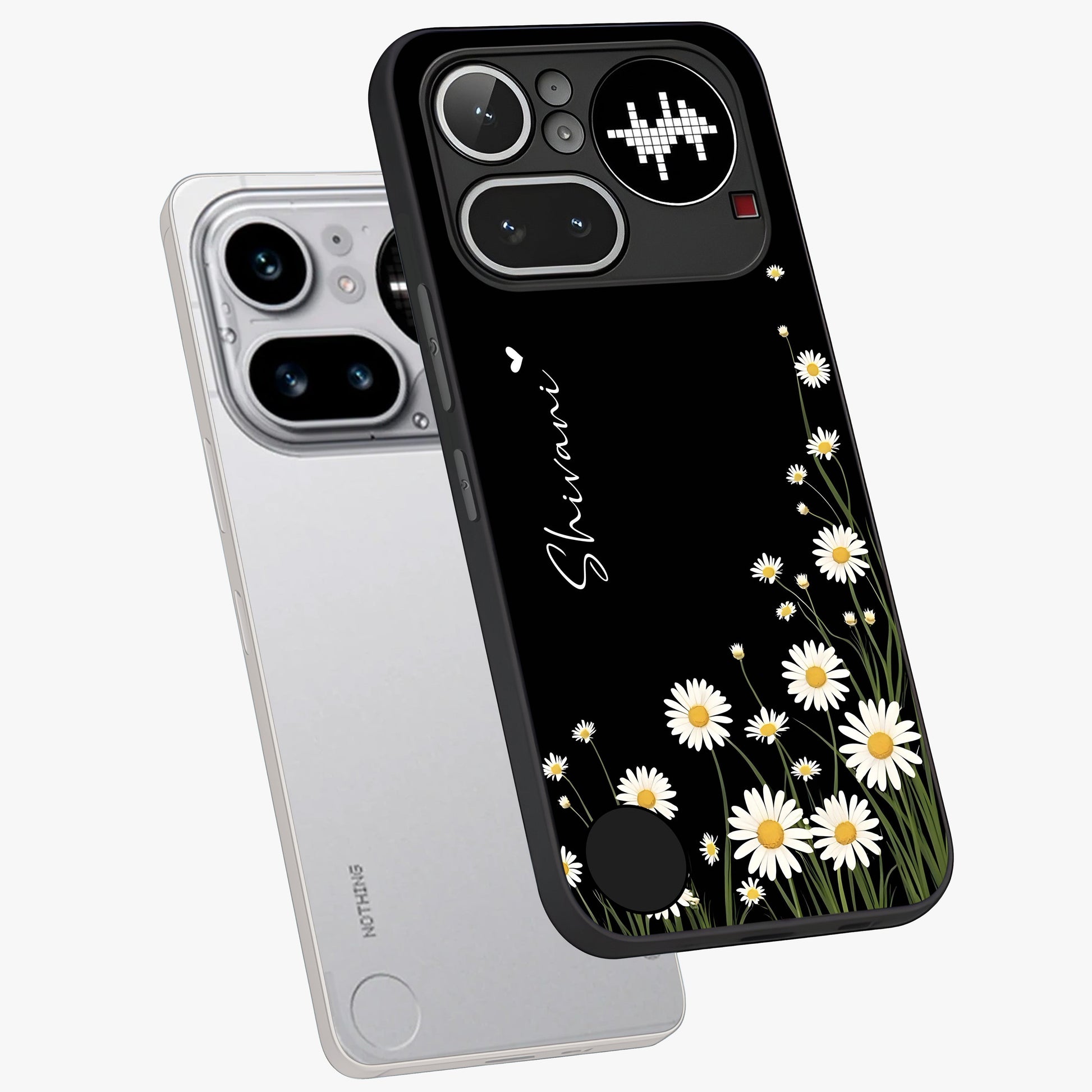 Daisy Cascade Custom Name Glass Case displayed in angled mockup highlighting delicate daisy artwork with custom name feature.