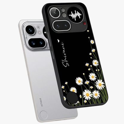 Daisy Cascade Custom Name Glass Case displayed in angled mockup highlighting delicate daisy artwork with custom name feature.