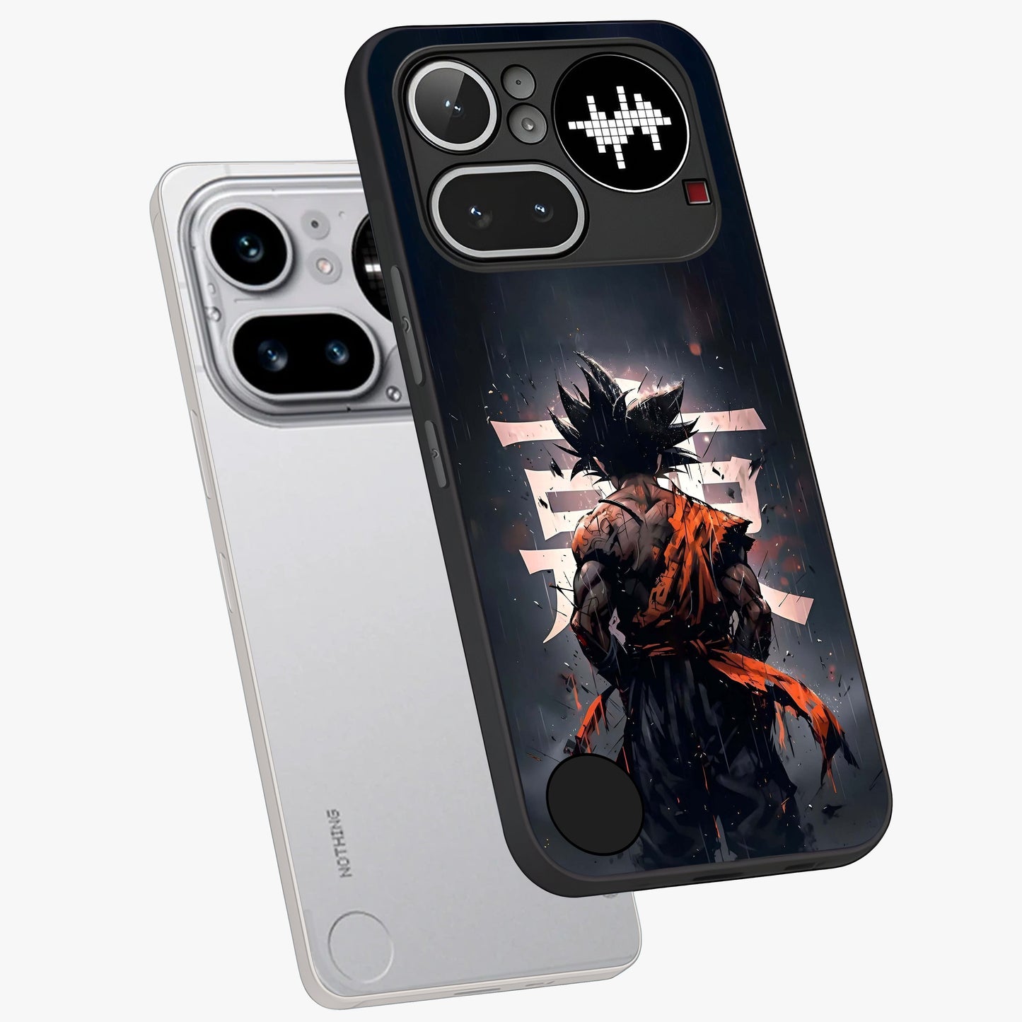 Dark Warrior In Rain Glass Case displayed in angled mockup highlighting dramatic warrior illustration with dark rain aesthetic.