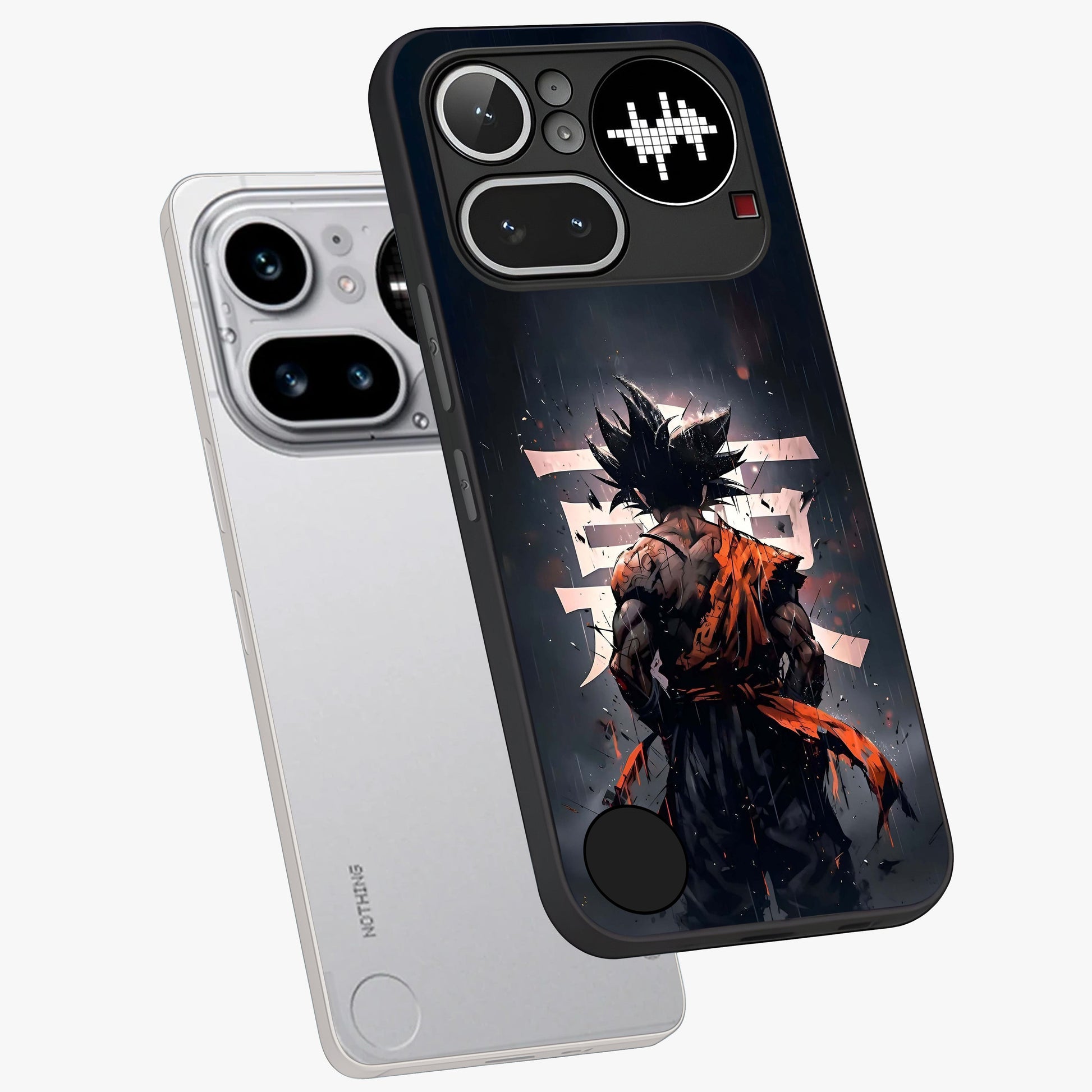 Dark Warrior In Rain Glass Case displayed in angled mockup highlighting dramatic warrior illustration with dark rain aesthetic.