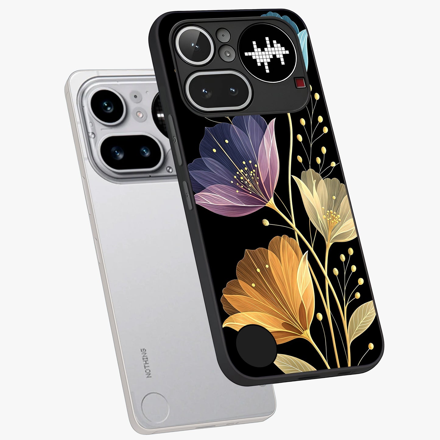 Delicate Multicolor Flowers Glass Case displayed in angled mockup highlighting colorful flower pattern with soft aesthetic style.