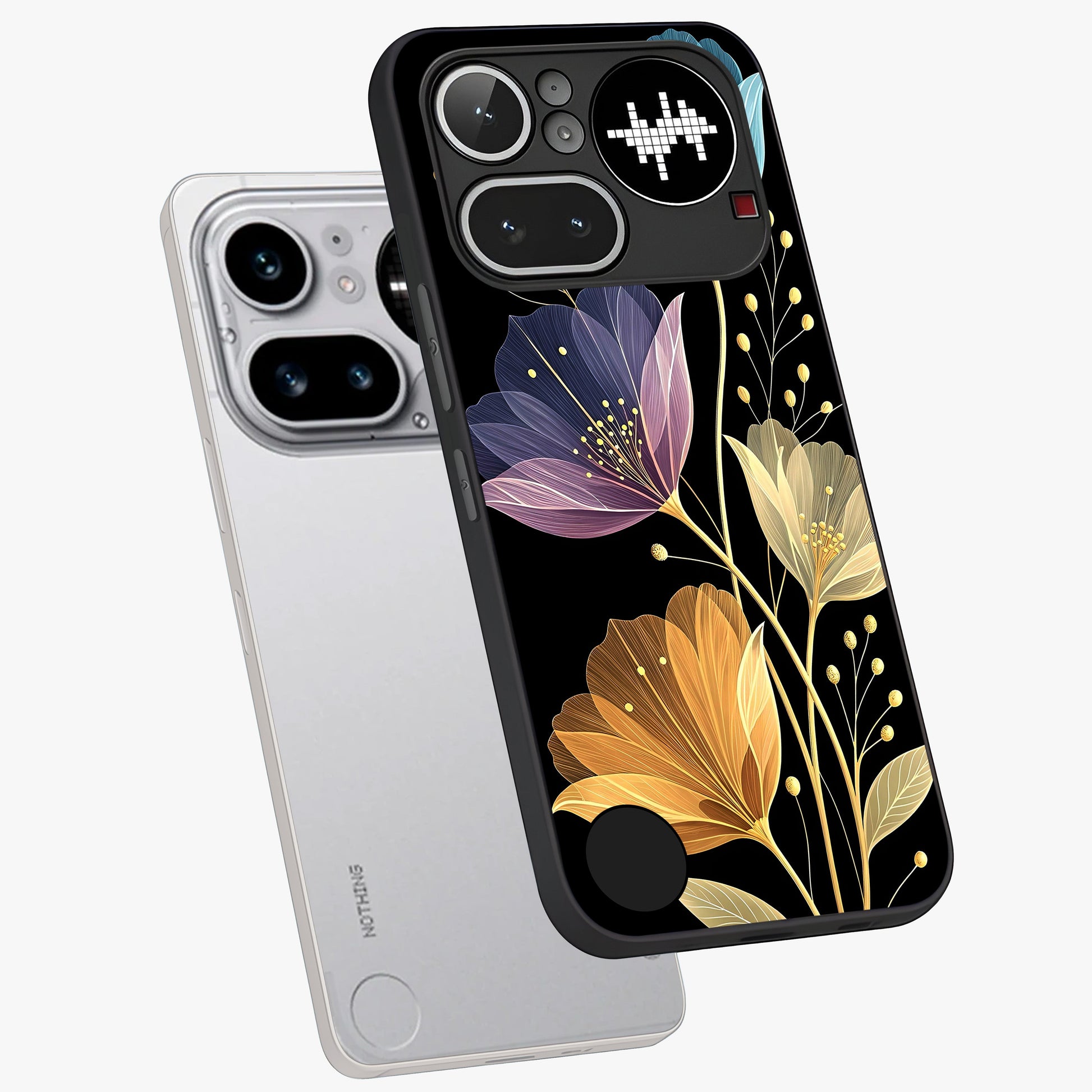 Delicate Multicolor Flowers Glass Case displayed in angled mockup highlighting colorful flower pattern with soft aesthetic style.