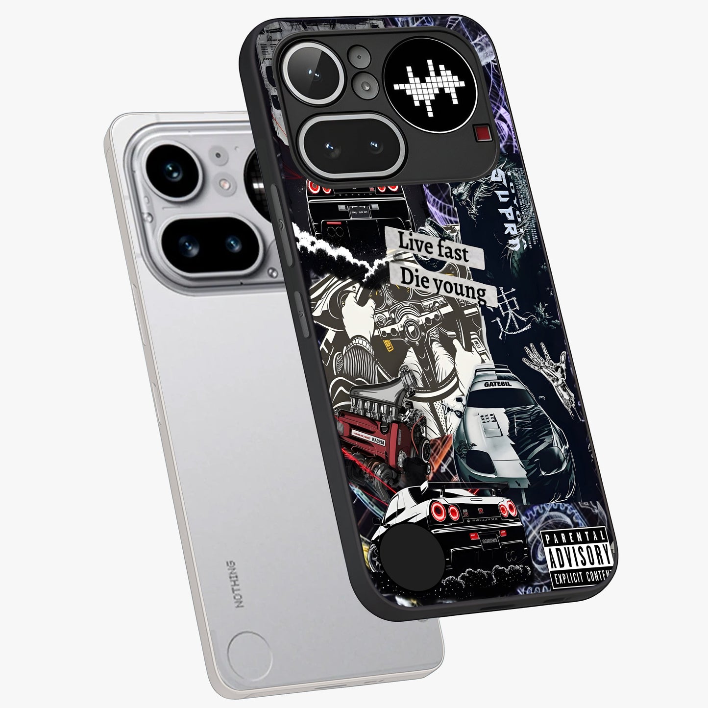 Die Young Glass Case displayed in angled mockup highlighting expressive graphic artwork with edgy aesthetic style.