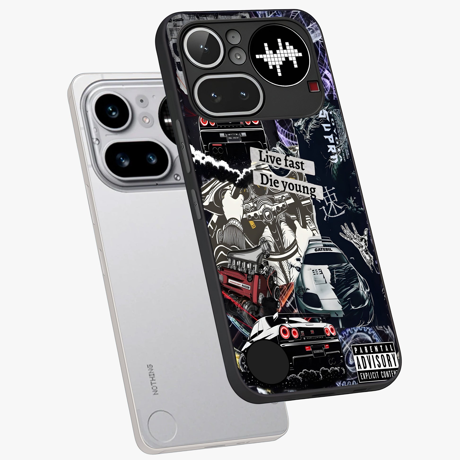 Die Young Glass Case displayed in angled mockup highlighting expressive graphic artwork with edgy aesthetic style.