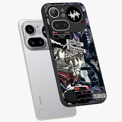 Die Young Glass Case displayed in angled mockup highlighting expressive graphic artwork with edgy aesthetic style.