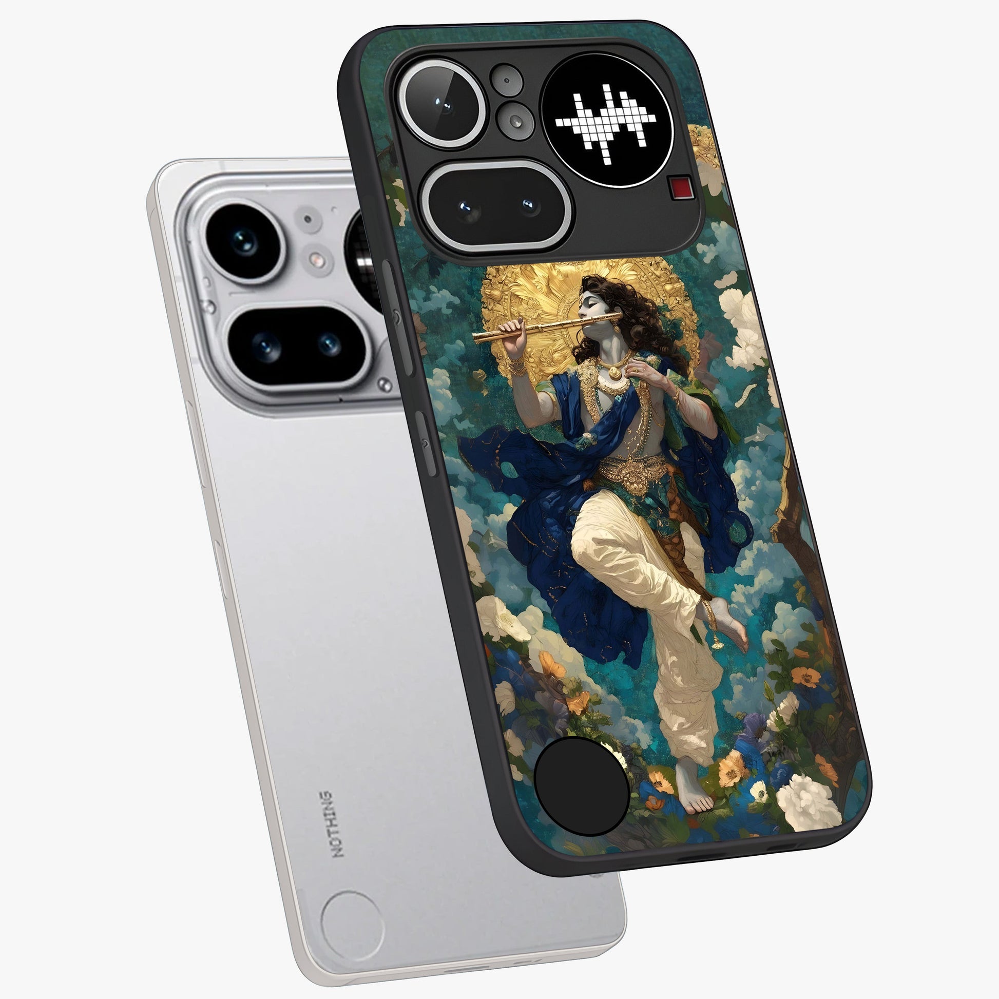 Divine Krishna Art Glass Case displayed in angled mockup highlighting spiritual Krishna illustration with devotional aesthetic.