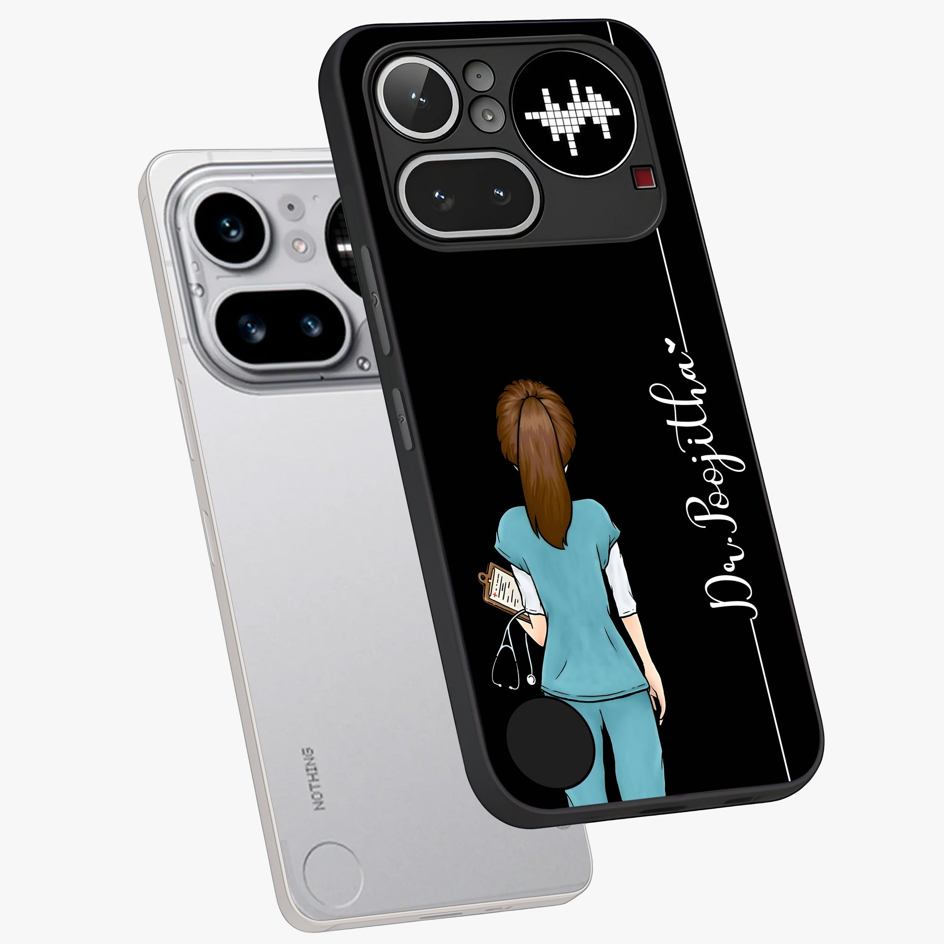 Doctor Pattern Custom Name Glass Case displayed in angled mockup highlighting doctor inspired artwork with custom name feature.