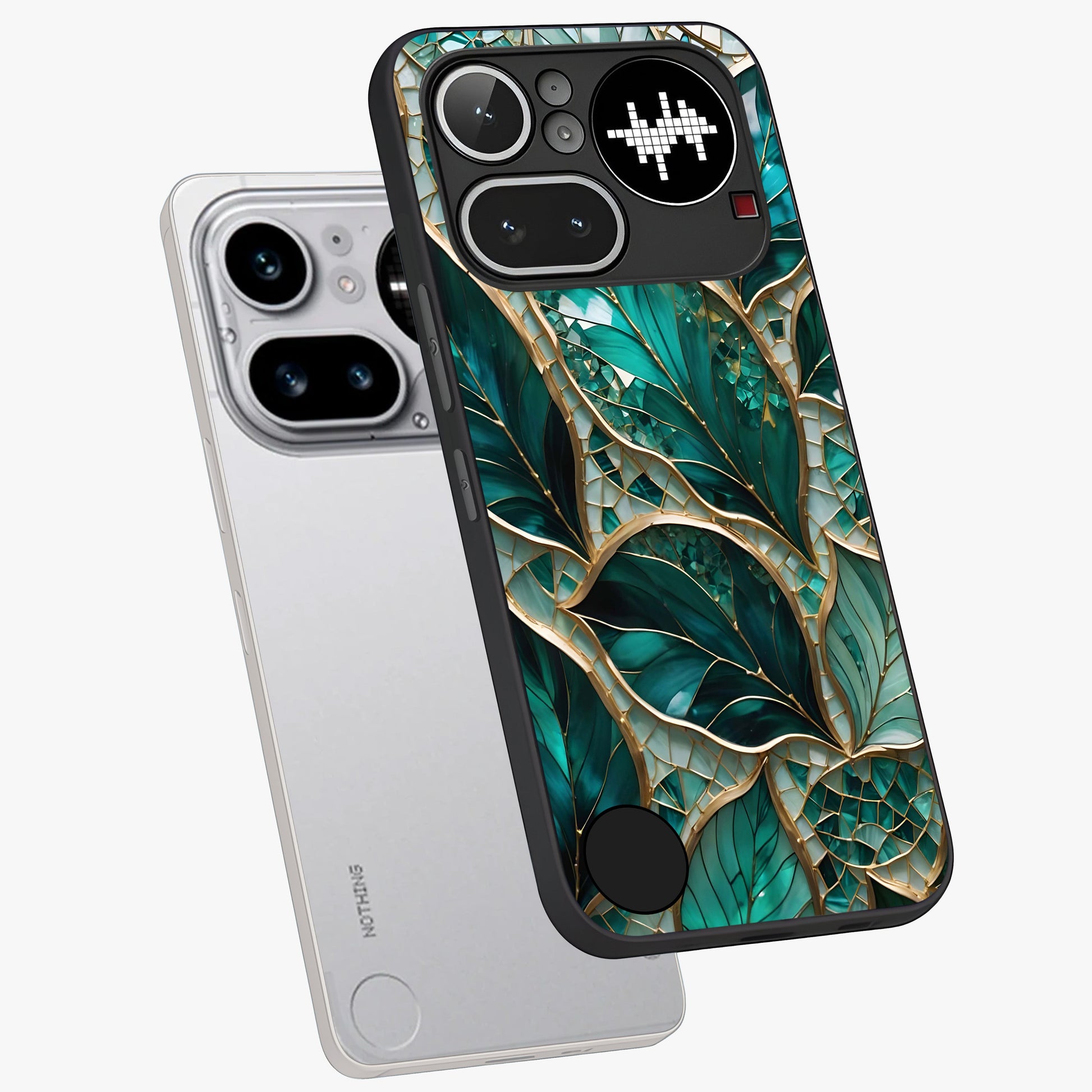 Emerald Leaf Glass Glass Case displayed in angled mockup highlighting botanical leaf illustration with elegant natural aesthetic.