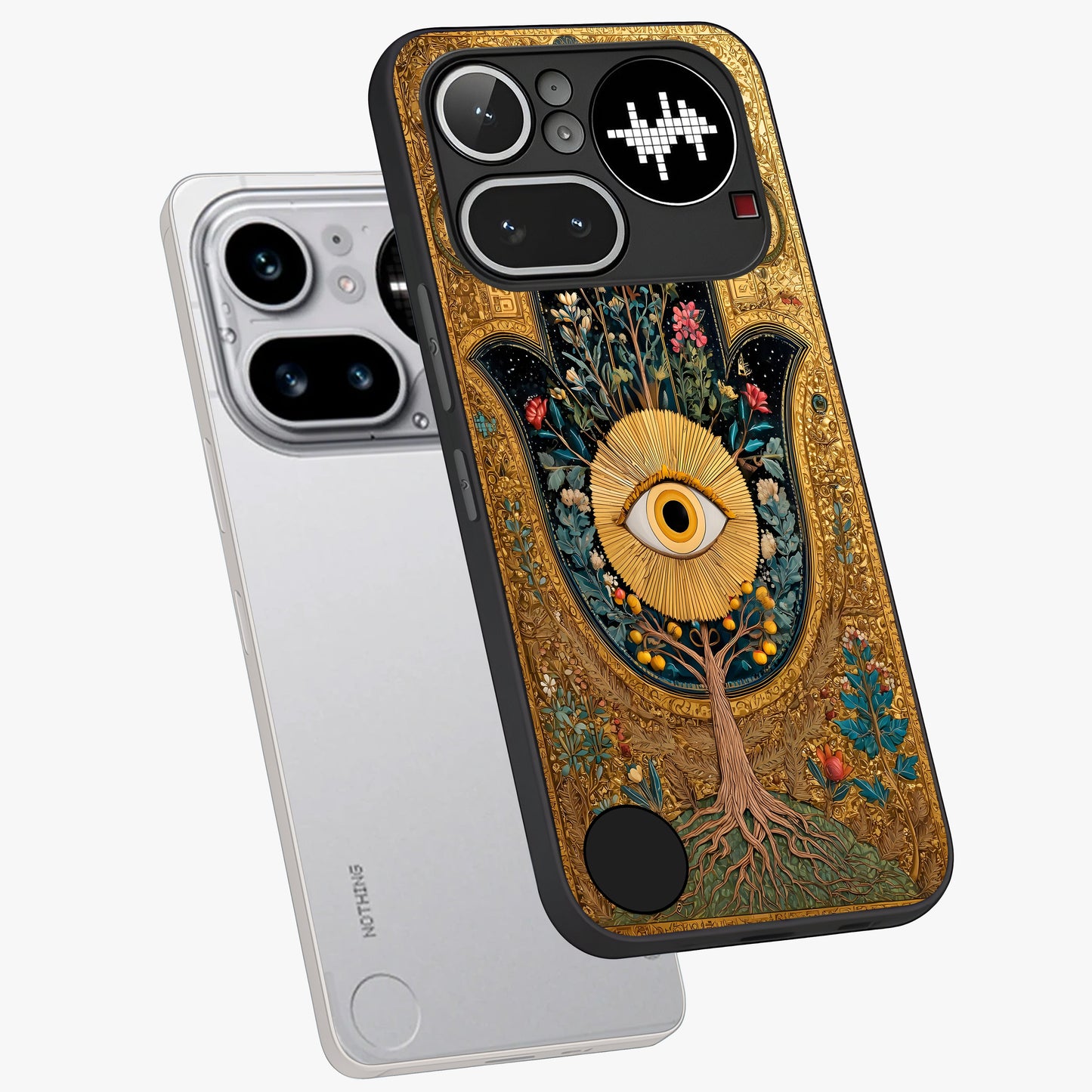 Ethereal Evil Eye Glass Case displayed in angled mockup highlighting protective evil eye symbol with spiritual aesthetic design.
