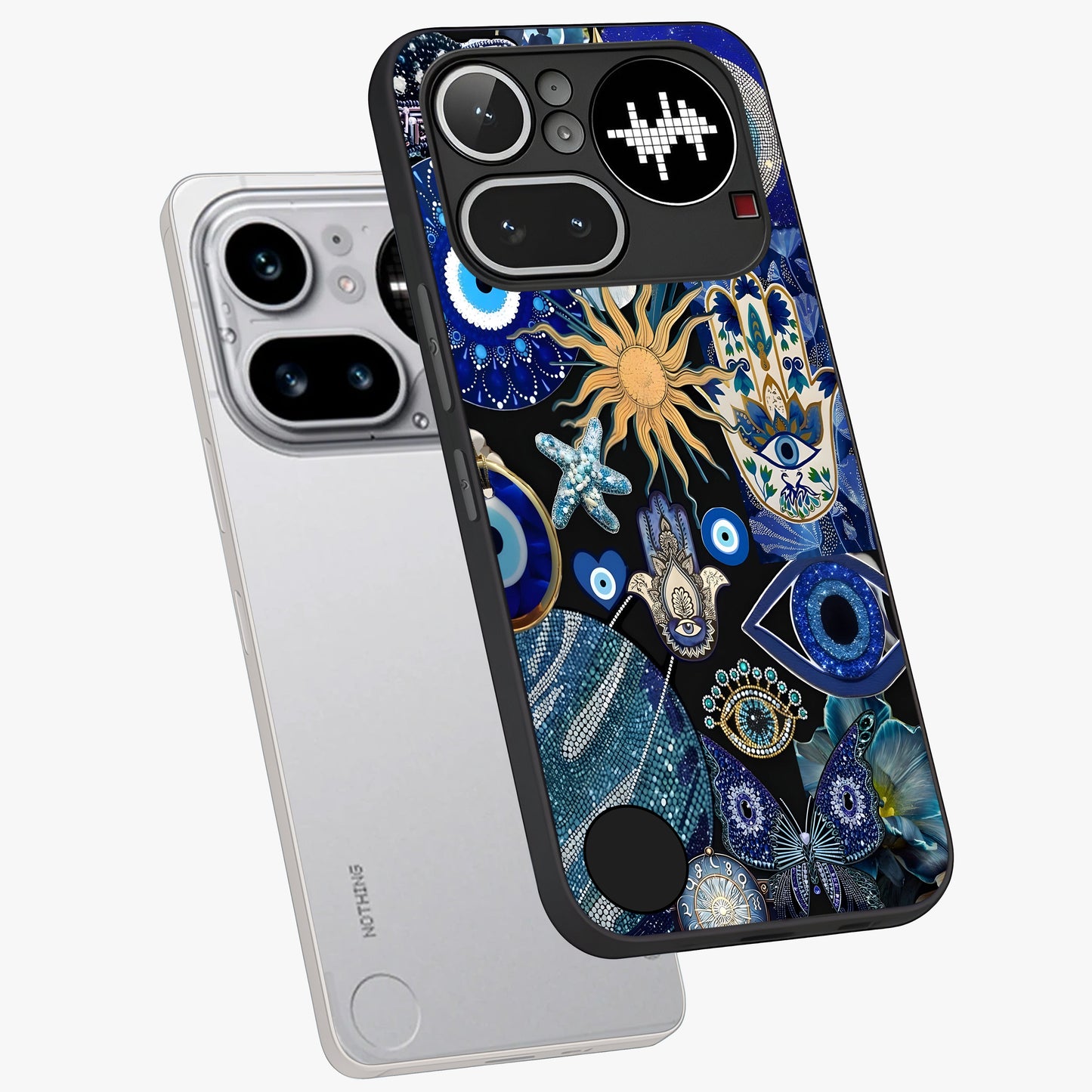Evil Eye Charm Mix Glass Case displayed in angled mockup highlighting protective evil eye symbols with spiritual aesthetic design.