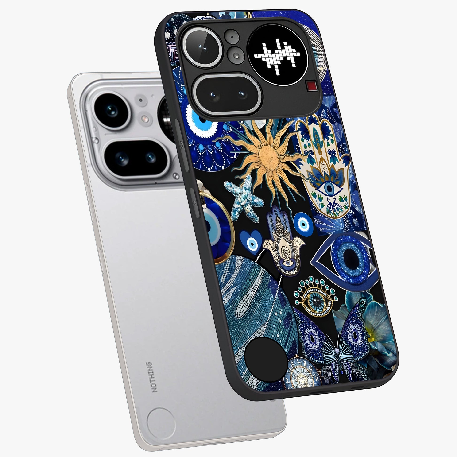 Evil Eye Charm Mix Glass Case displayed in angled mockup highlighting protective evil eye symbols with spiritual aesthetic design.