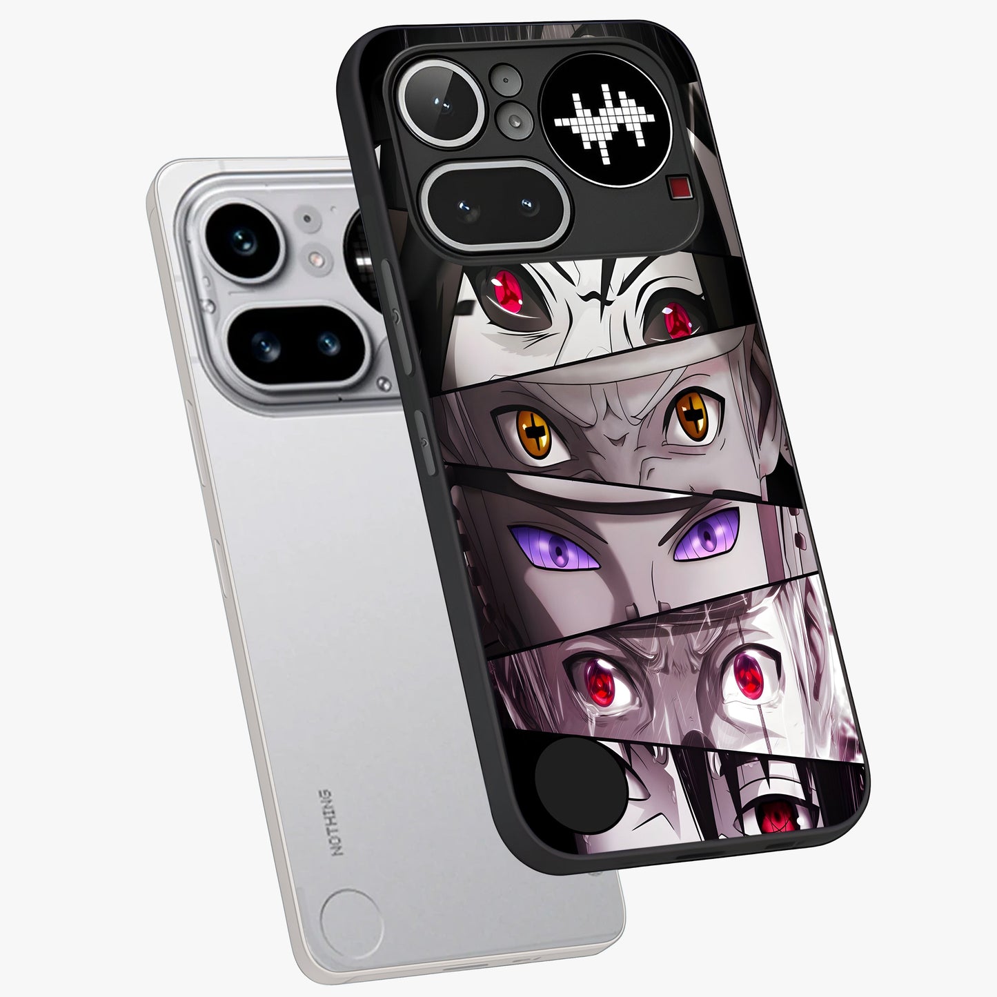 Eyes of Destiny Glass Case displayed in angled mockup highlighting bold eye illustration with mystical aesthetic style.