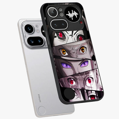 Eyes of Destiny Glass Case displayed in angled mockup highlighting bold eye illustration with mystical aesthetic style.